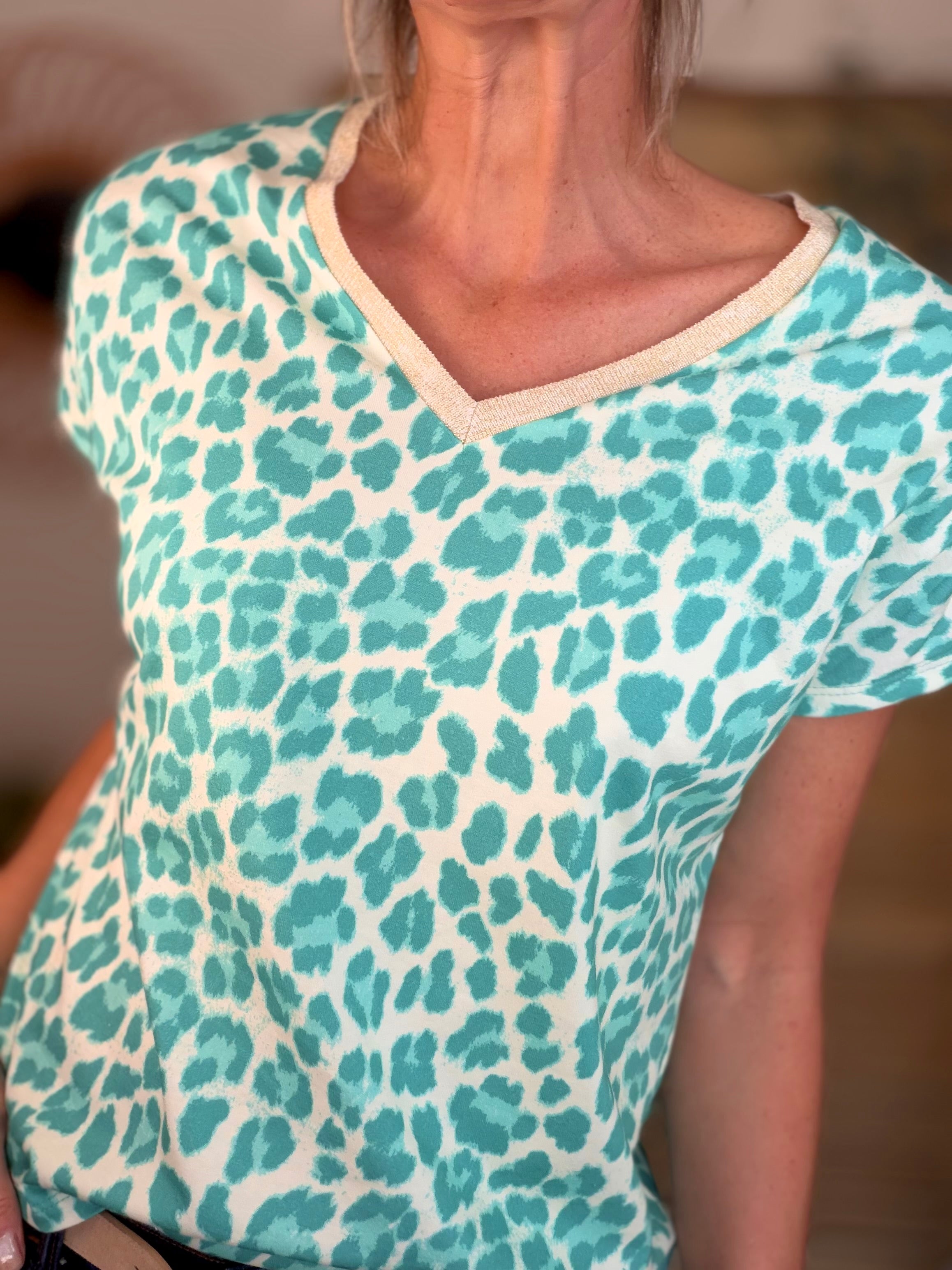 Top imprimé Léo col V lurex MIRTA - Turquoise