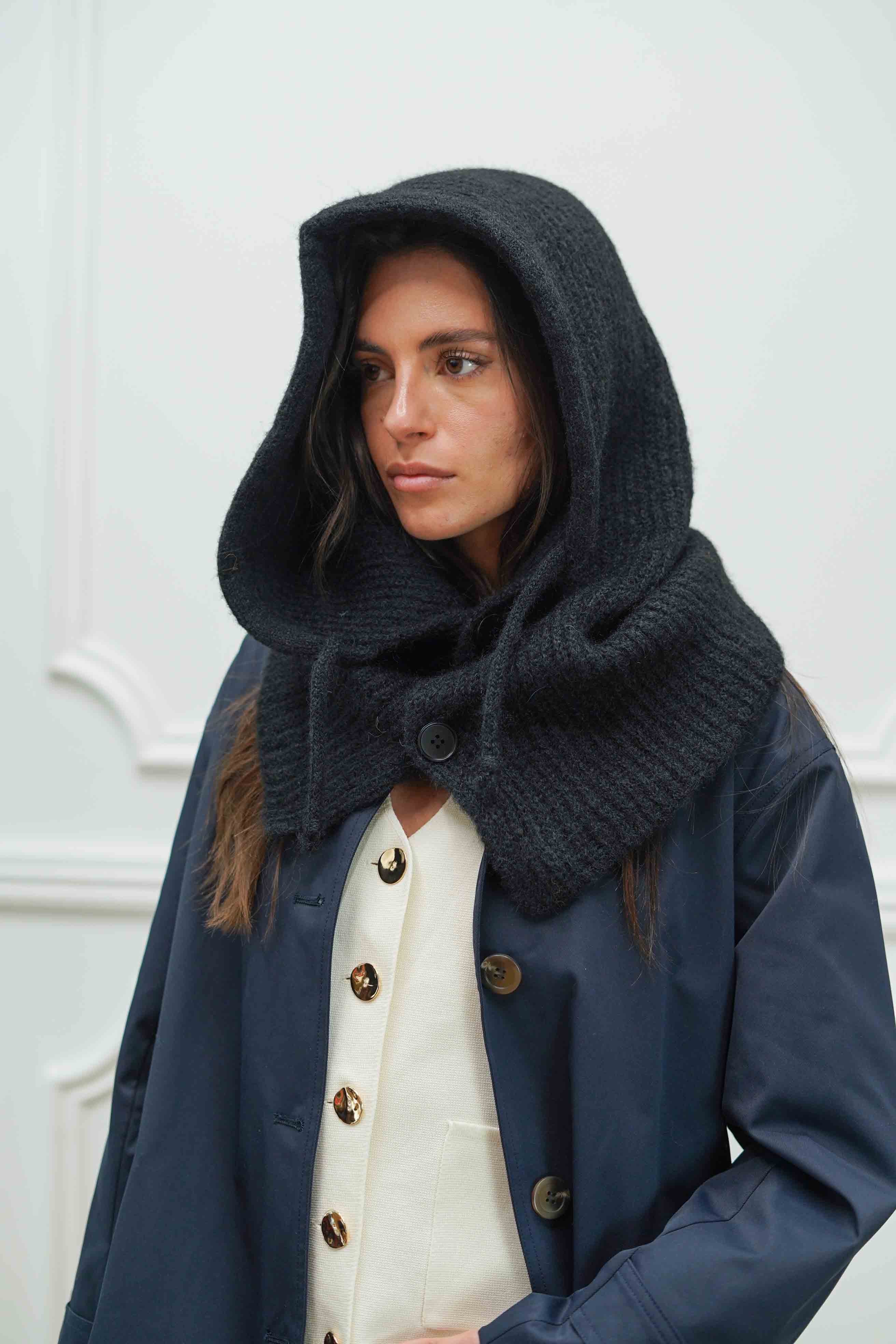 Col cagoule LORIE en maille avec bouton - Noir