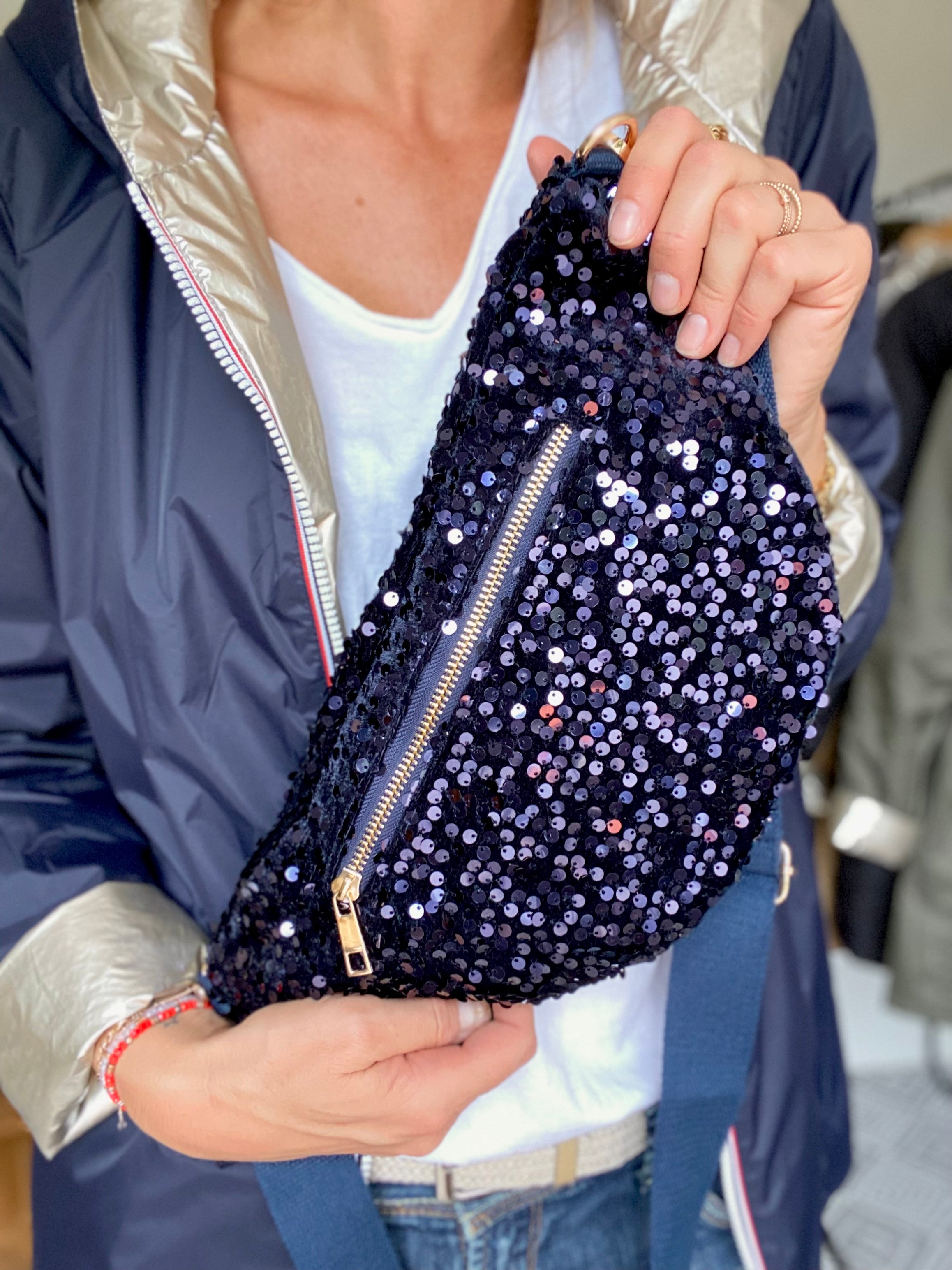 Sac banane L velours à sequins Ciao Boum - TAYLOR - Bleu marine