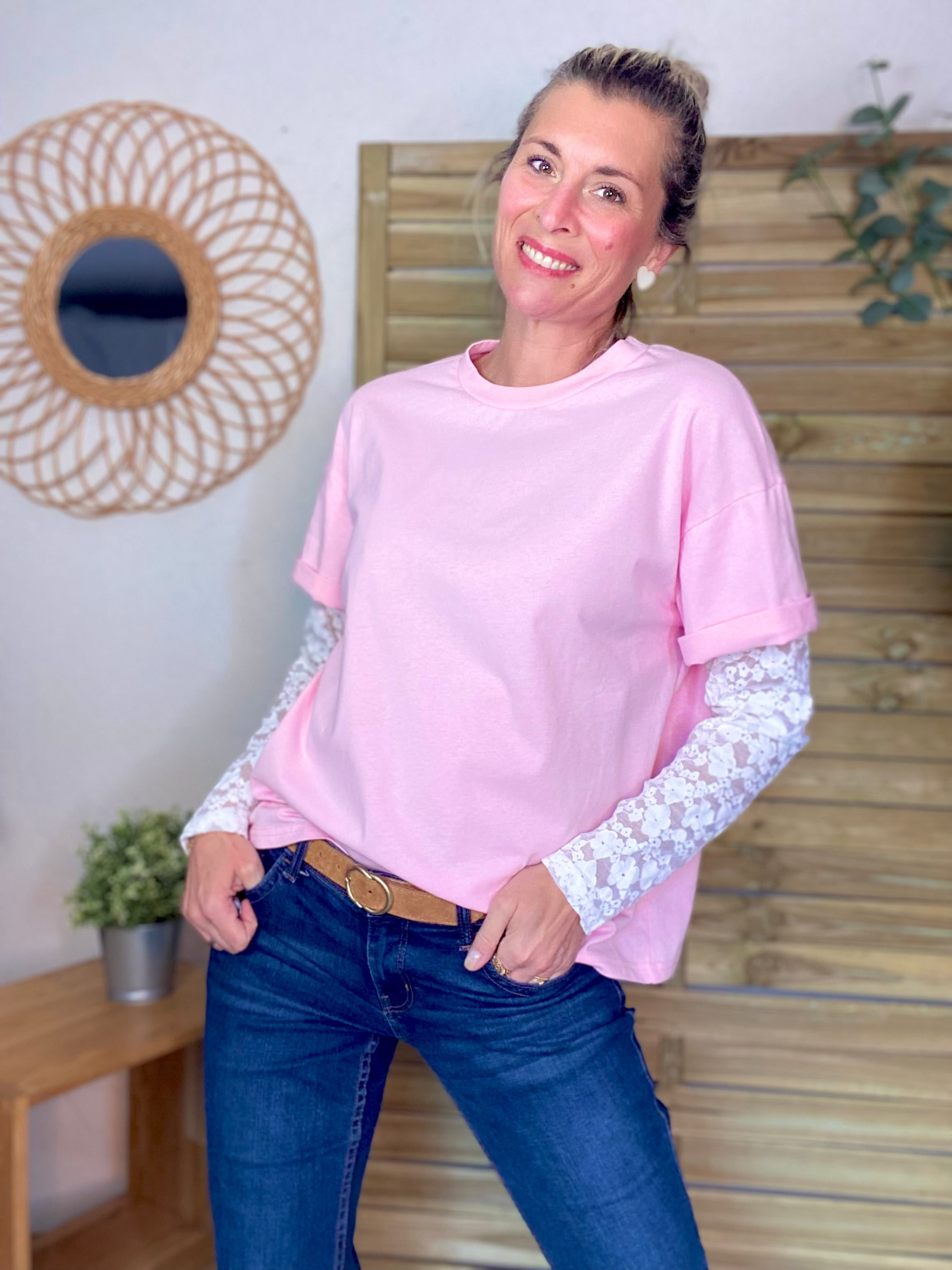 Tee shirt avec manches longues dentelle PAMELA - Rose