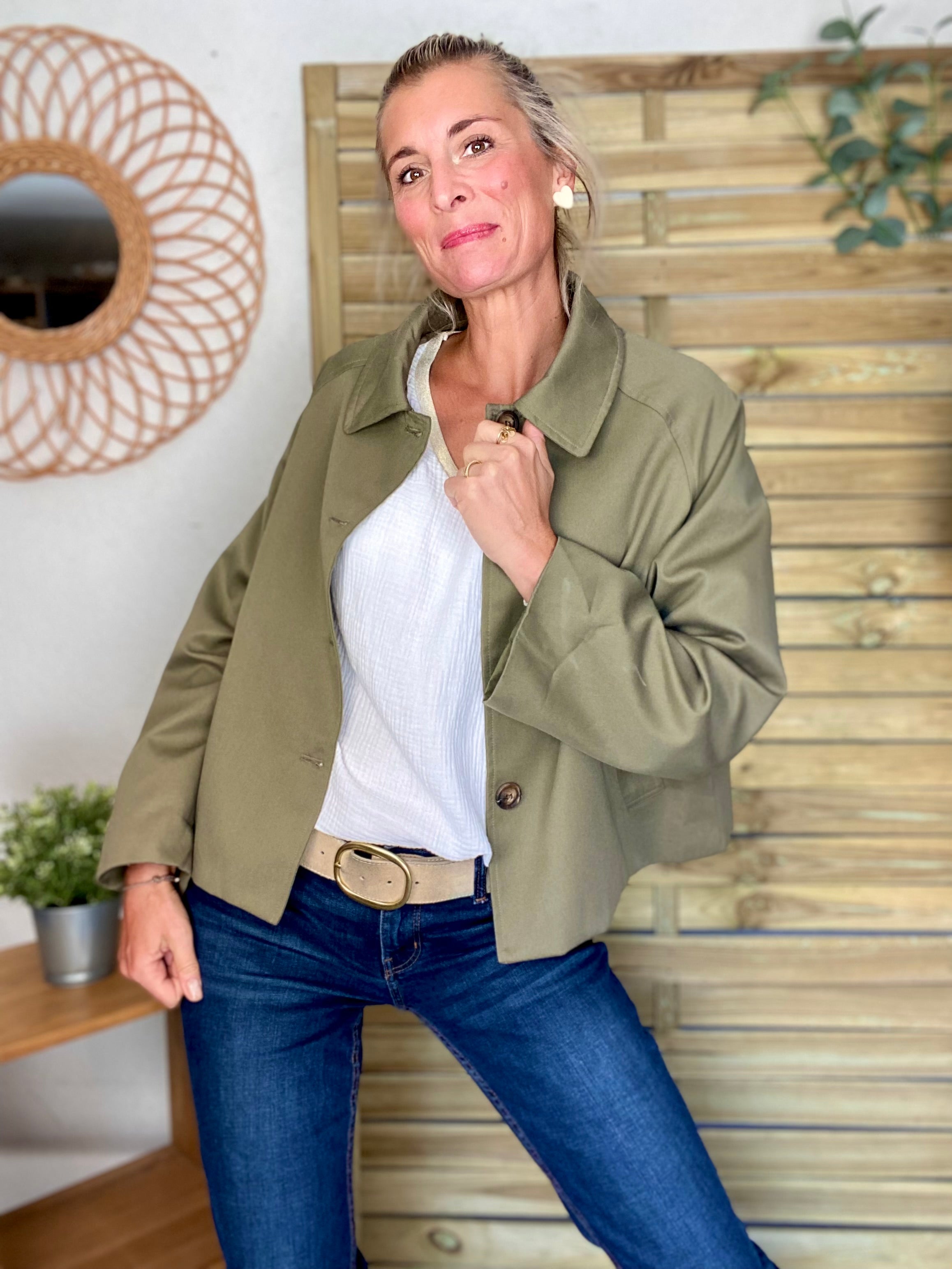 Veste Trench en coton avec vichy - YSEULT court Kaki