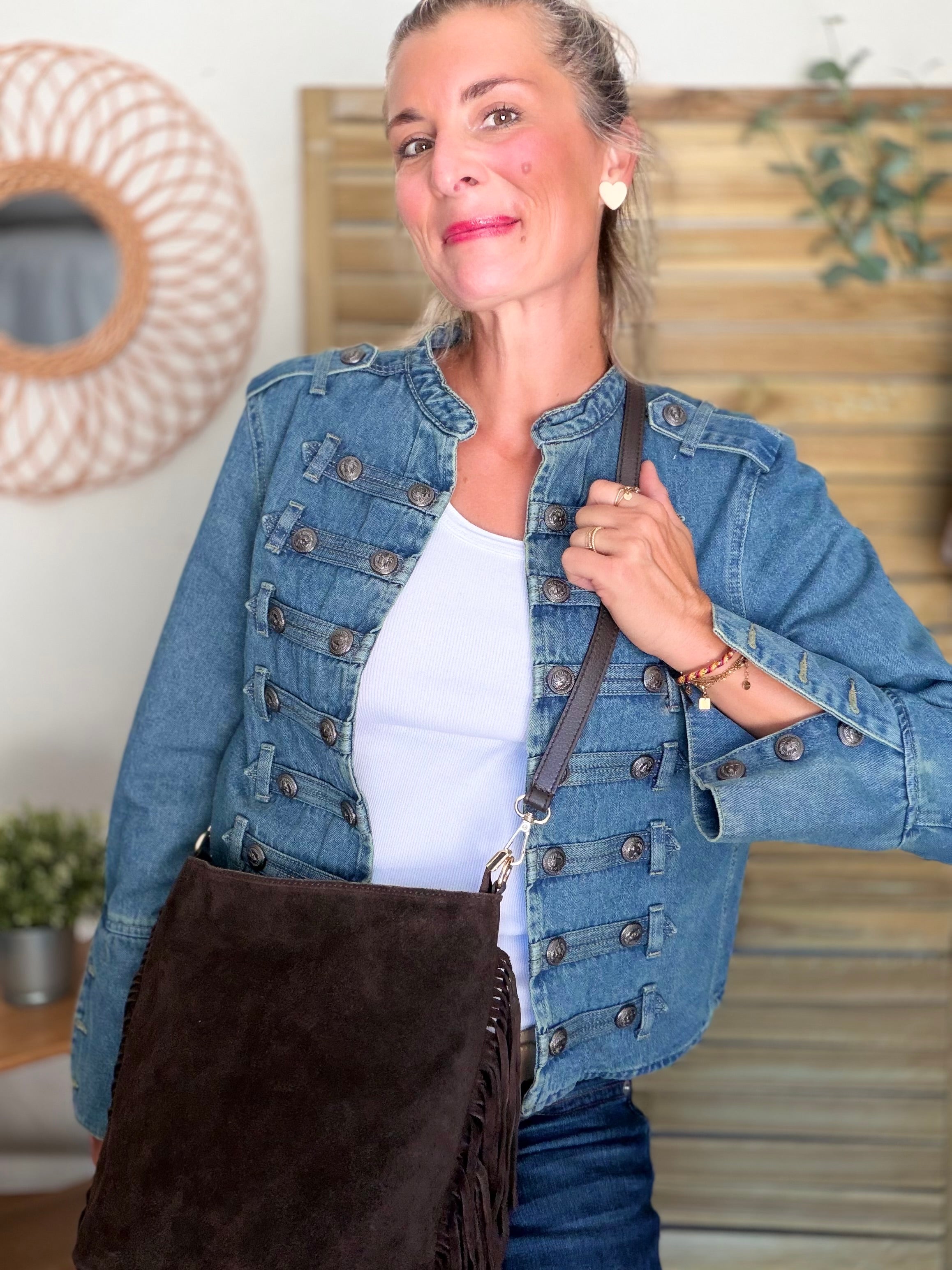 Sac seau en cuir daim avec franges KYLIE - Chocolat