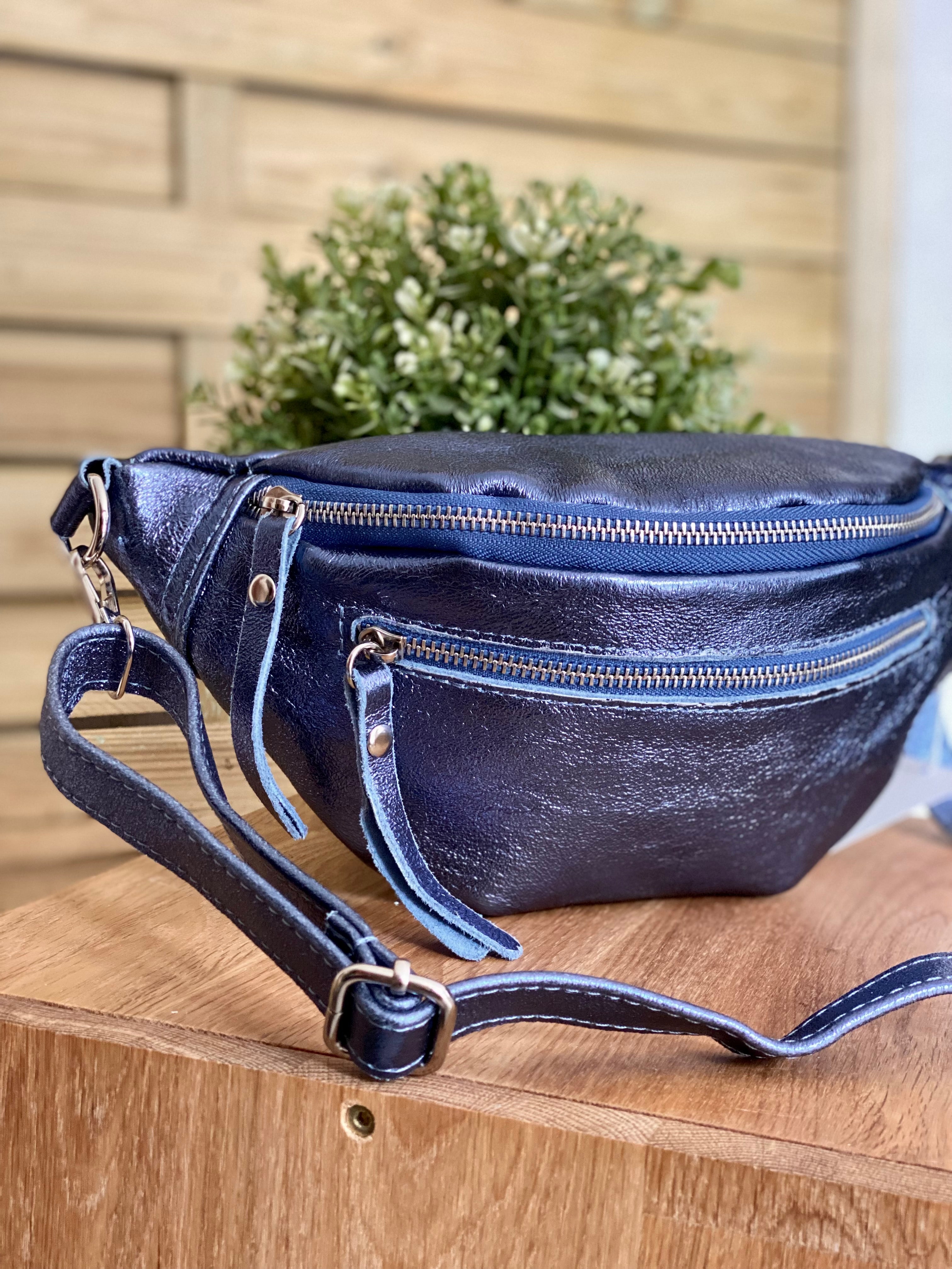 Sac banane en cuir irisé double poche - OPALE  - Bleu jean