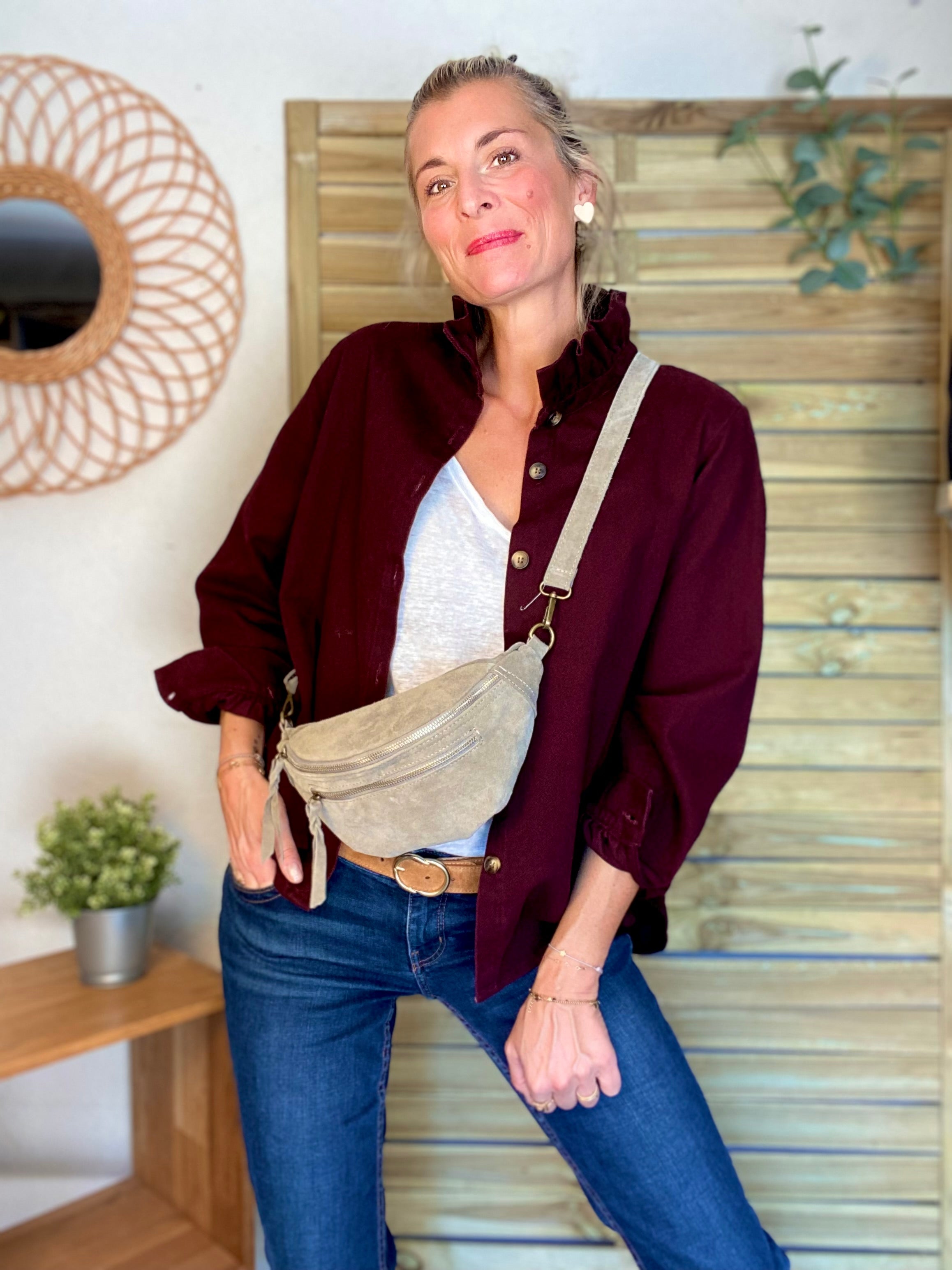 Veste / Chemise en coton, col victorien volanté LISA - Prune
