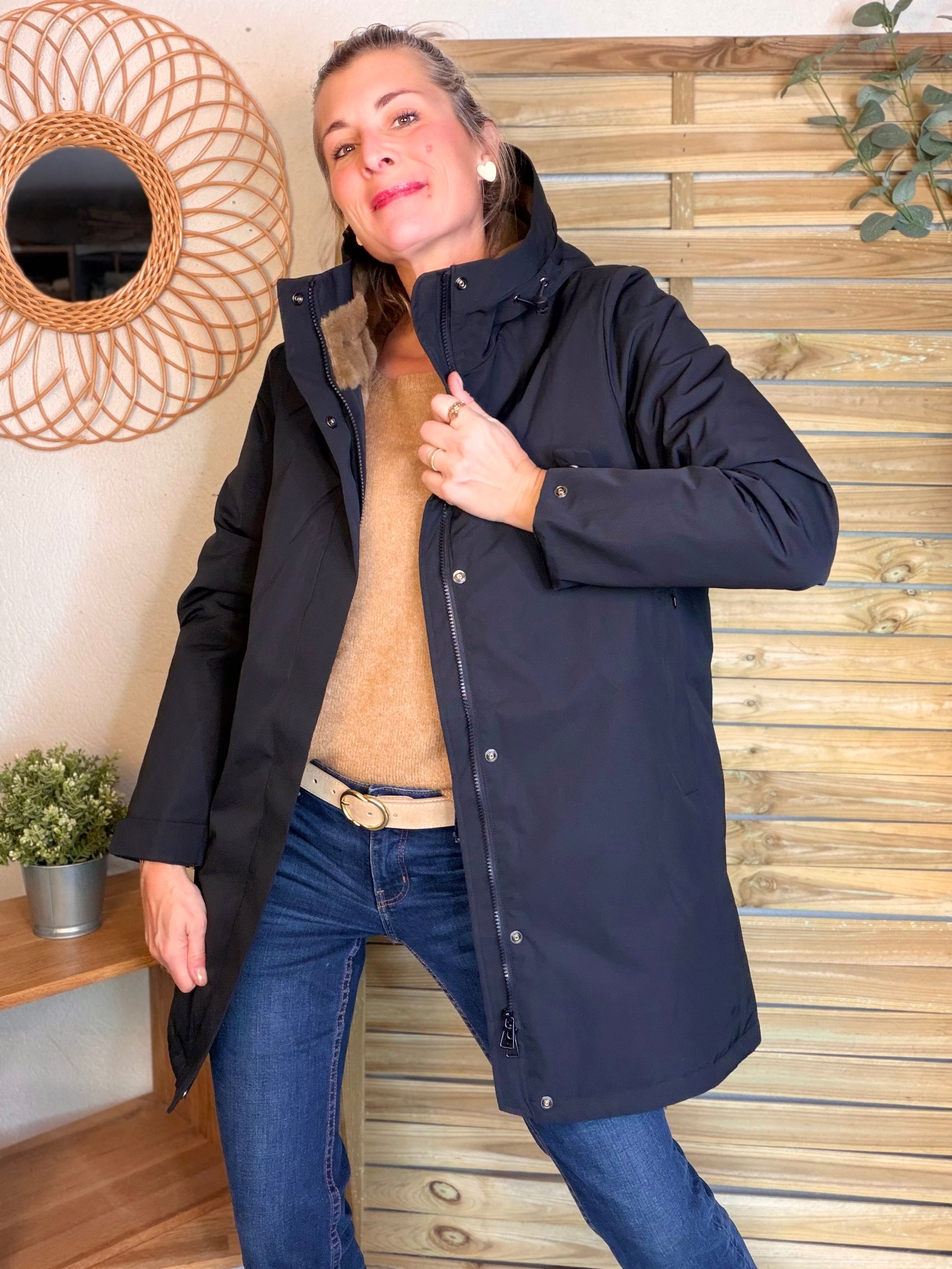 Parka fourrée imperméable AMBRE - Noir / Camel - LAURA JO