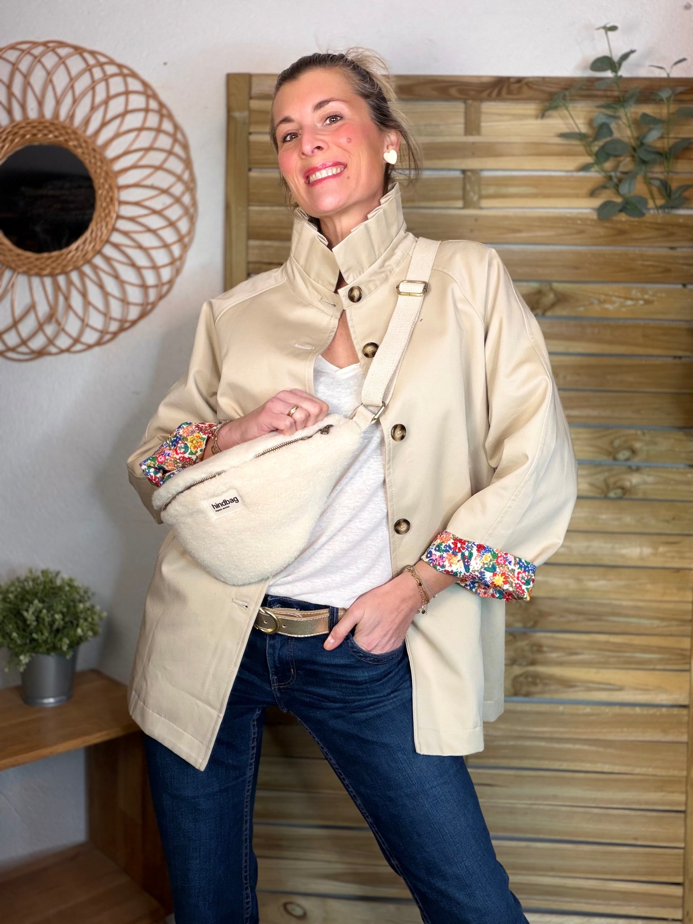 Veste Trench mi-long col victorien avec Liberty - ANDY Beige