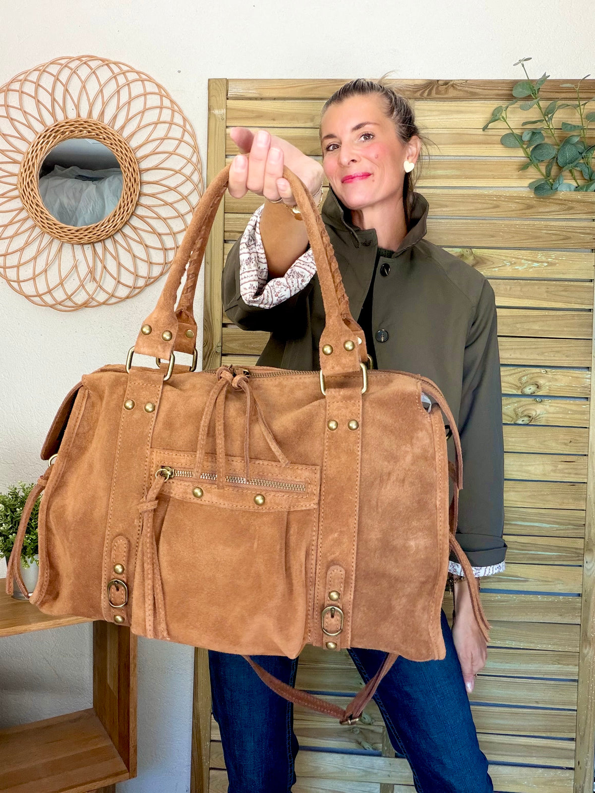 Sac cabas XL en cuir daim • HUNTER Camel
