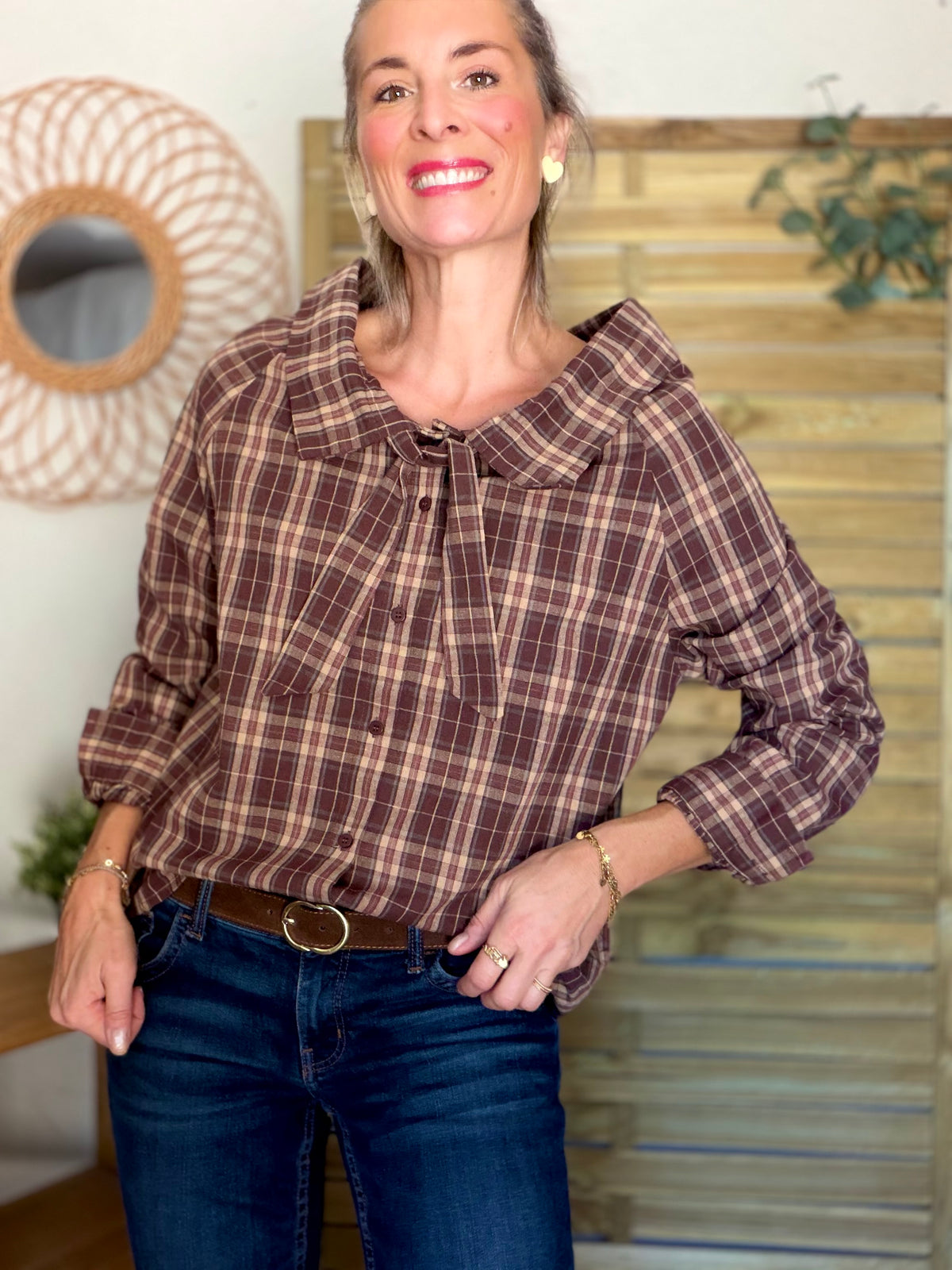Chemise motif tartan prune col lavallière large LUCILE