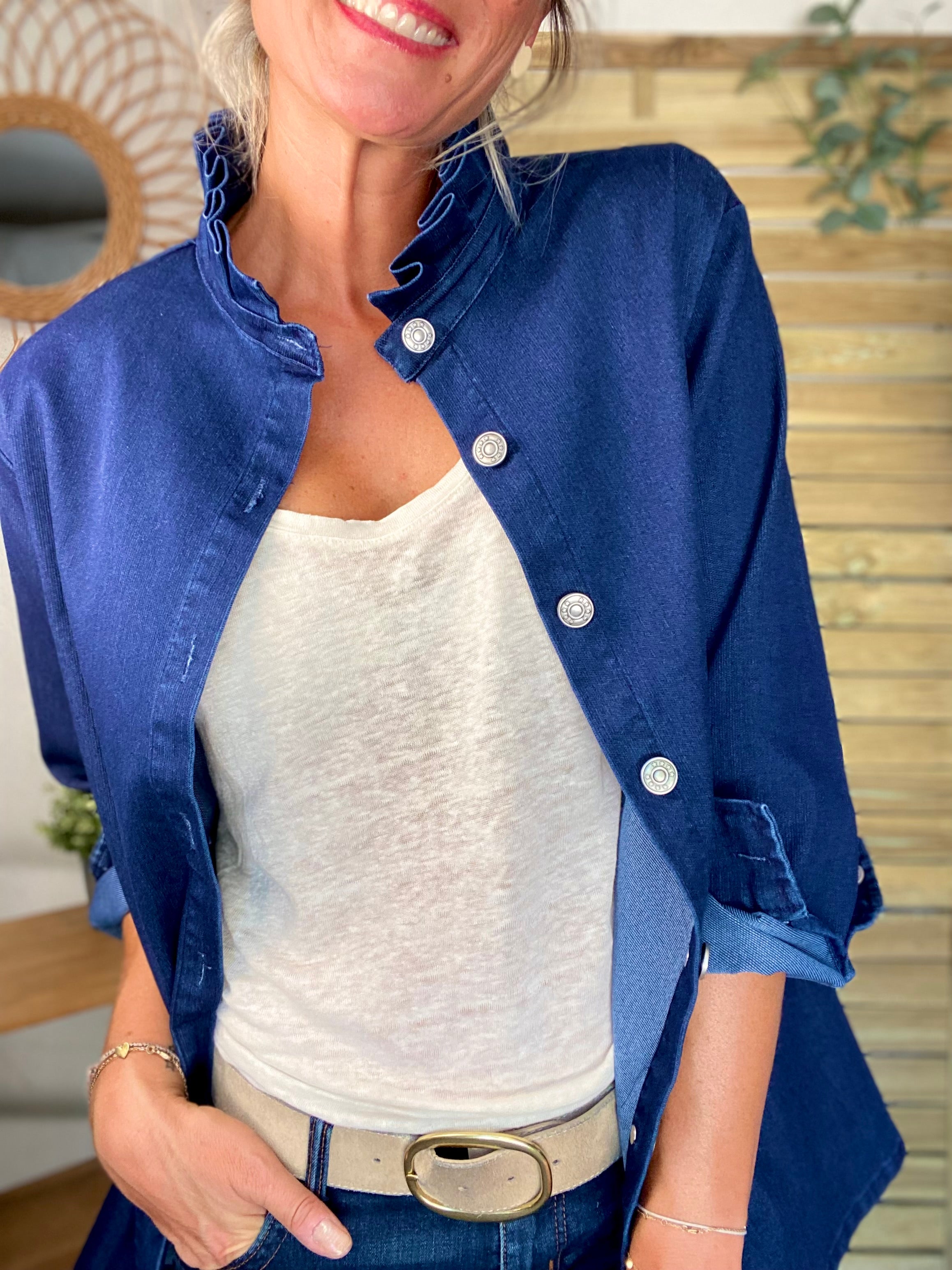 Veste / Chemise en coton, col volanté Bleu Jean LISON