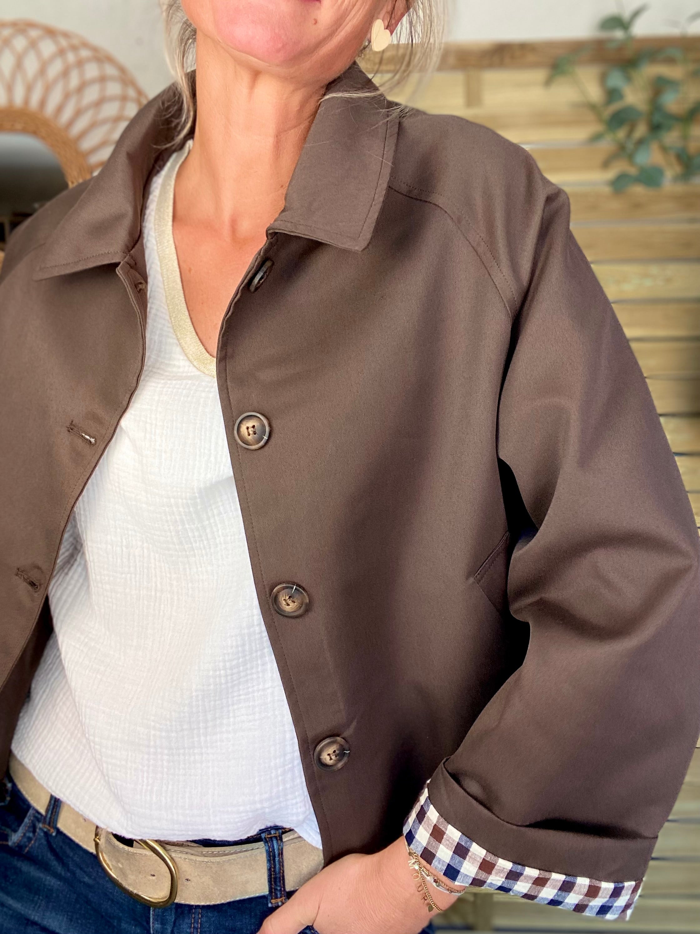 Veste Trench en coton avec vichy - YSEULT court Chocolat
