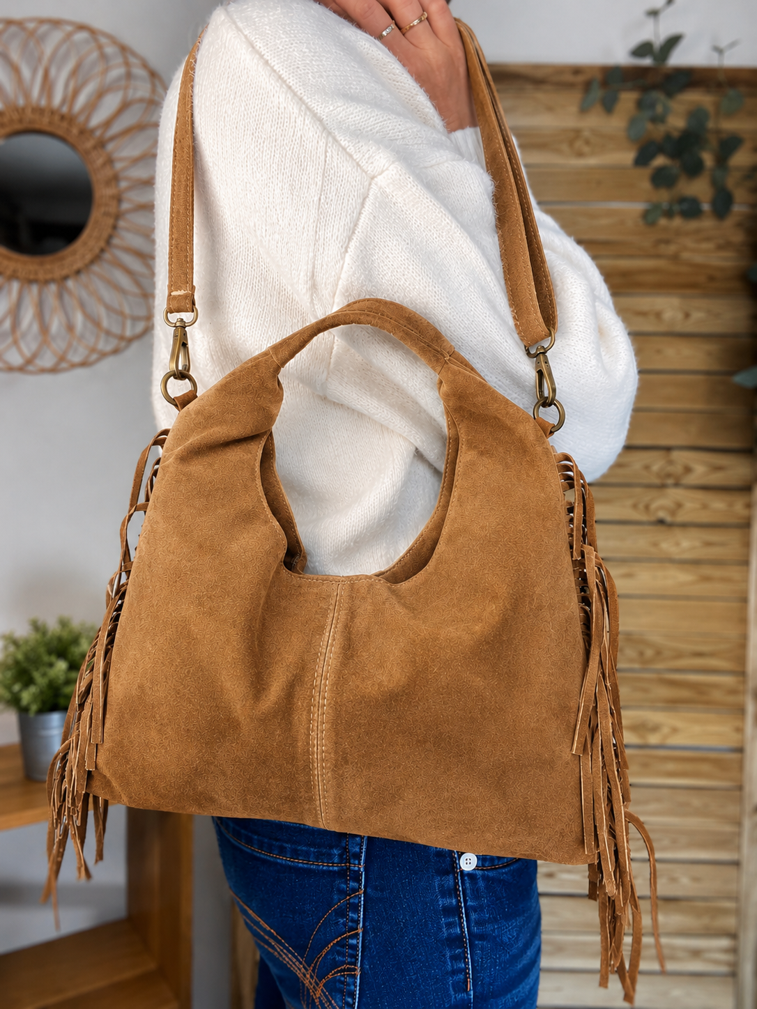 Sac hobo en cuir daim avec franges AARON - Camel