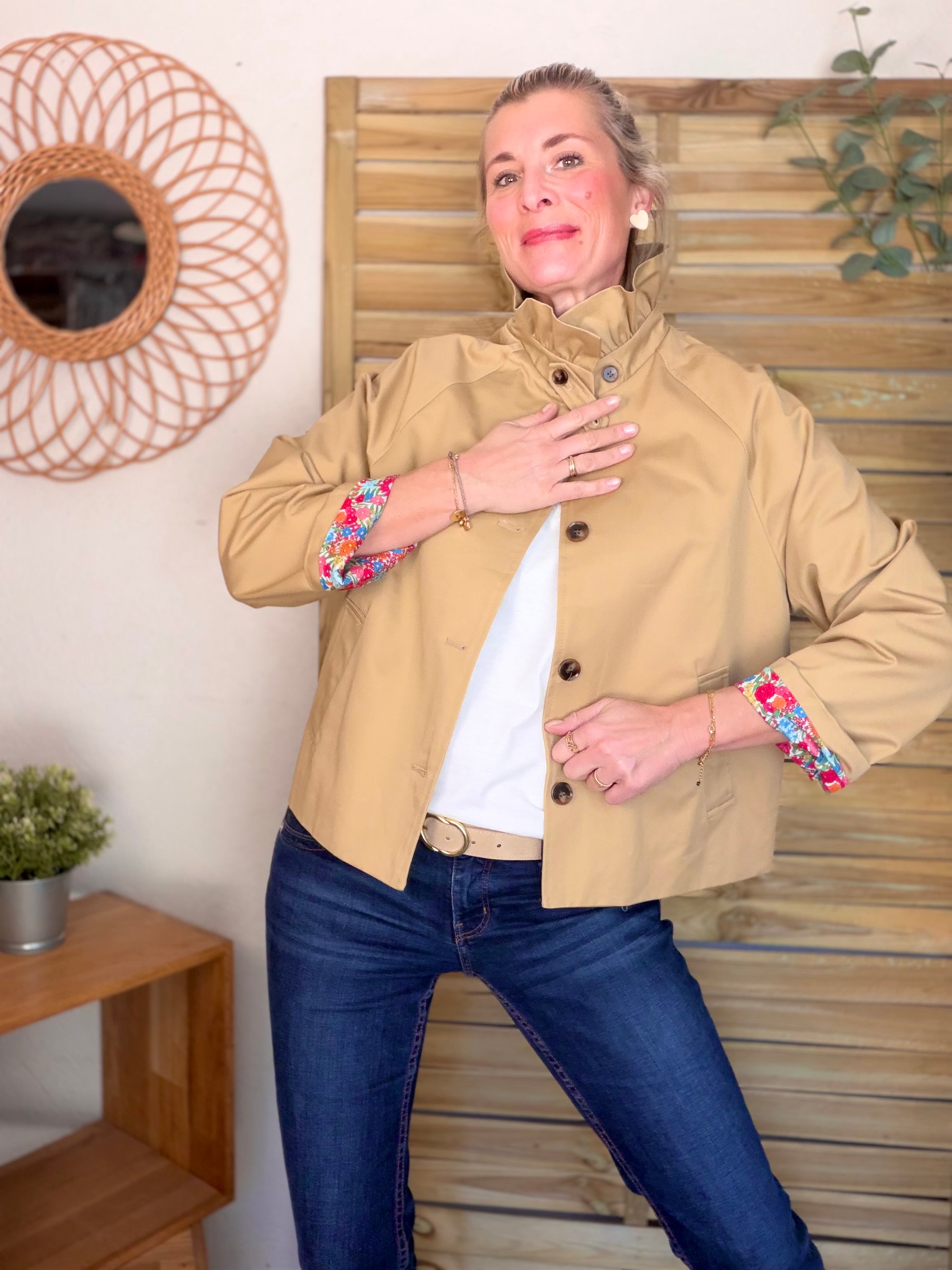 Veste Trench col victorien avec Liberty - VICKY Camel clair