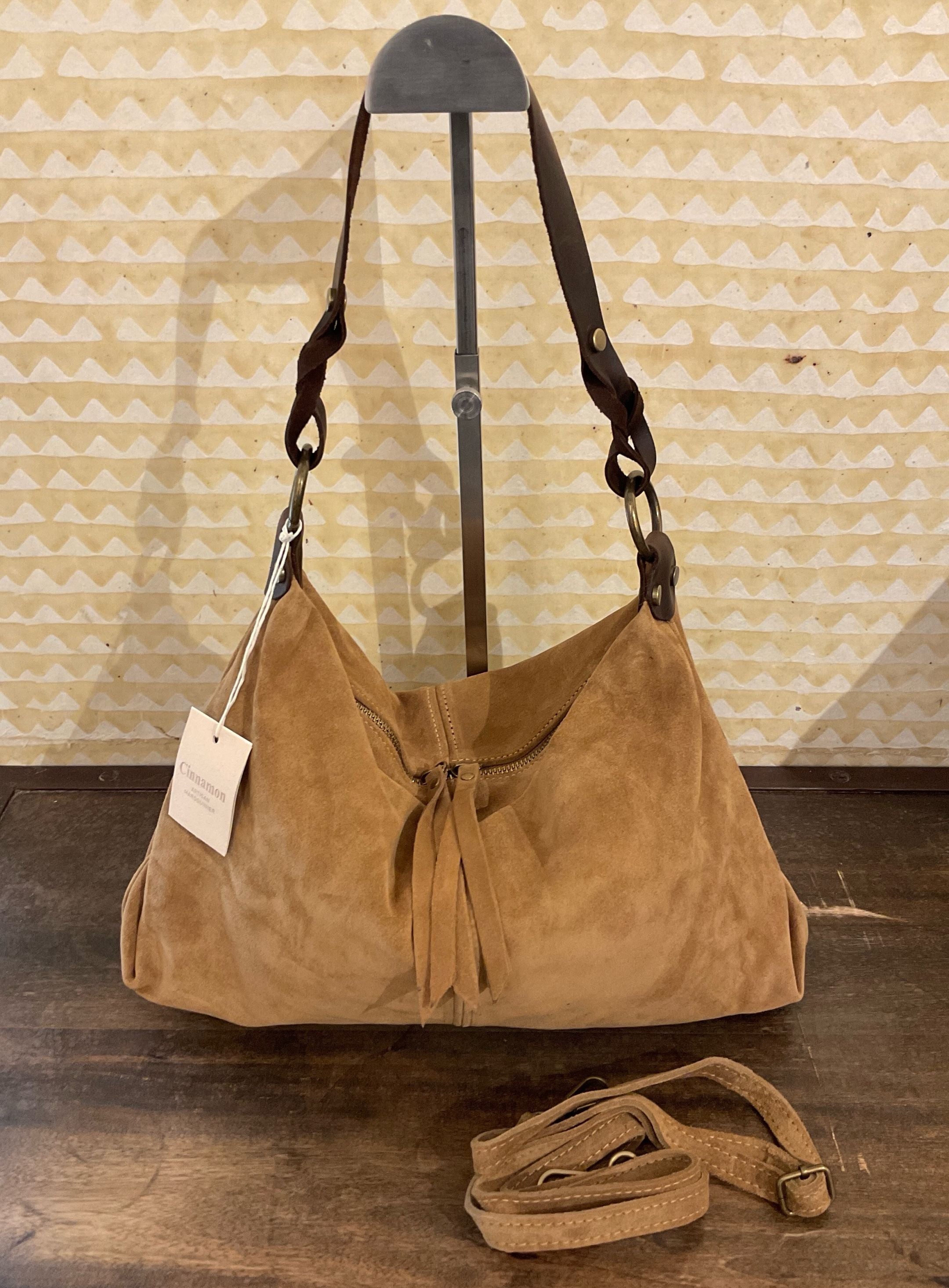 Sac hobo en cuir daim souple, double bandoulière ANDREW Camel clair