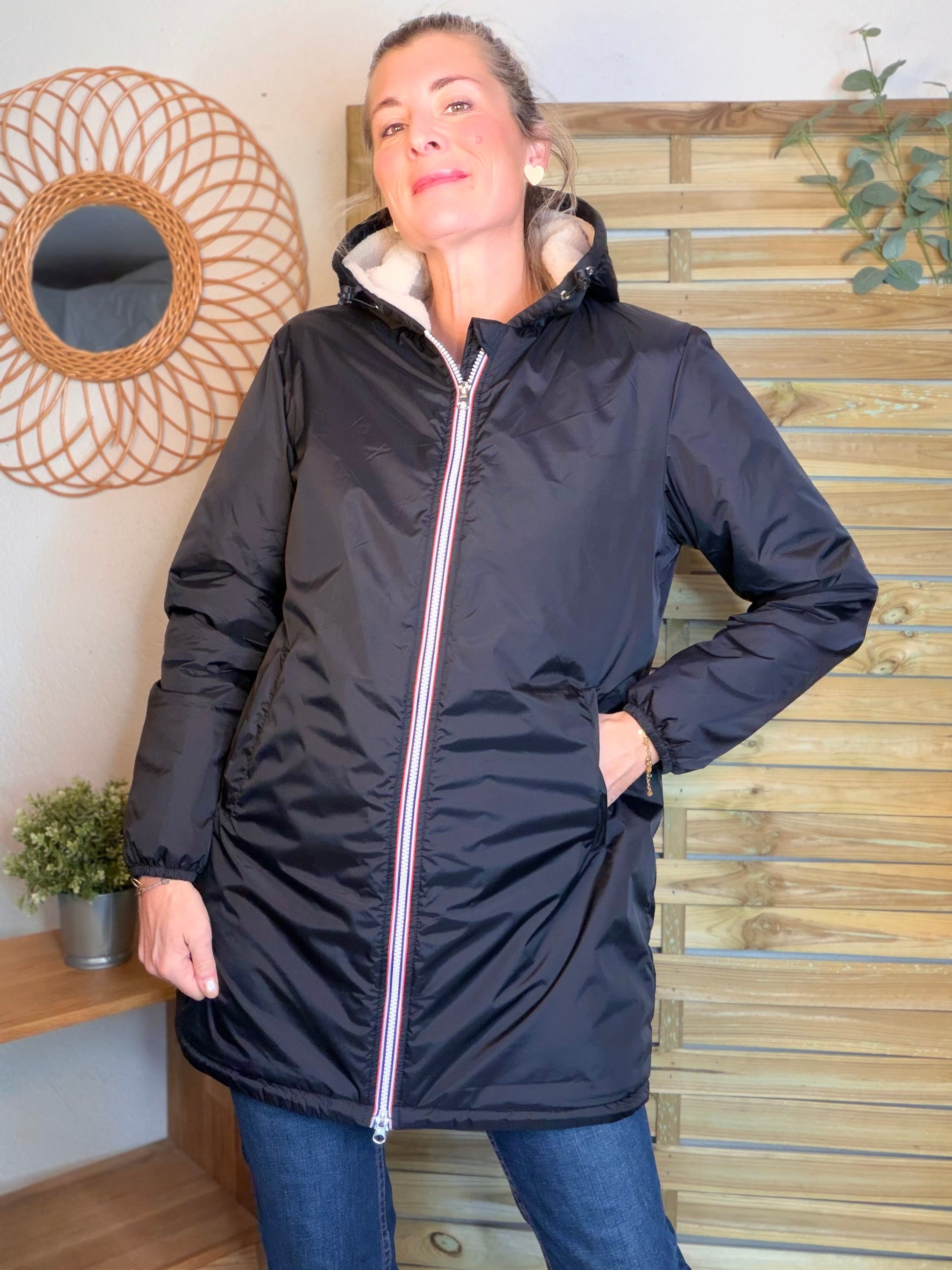 Parka Imperméable LOUISE LONG Sherpa écru - Noir - LAURA JO