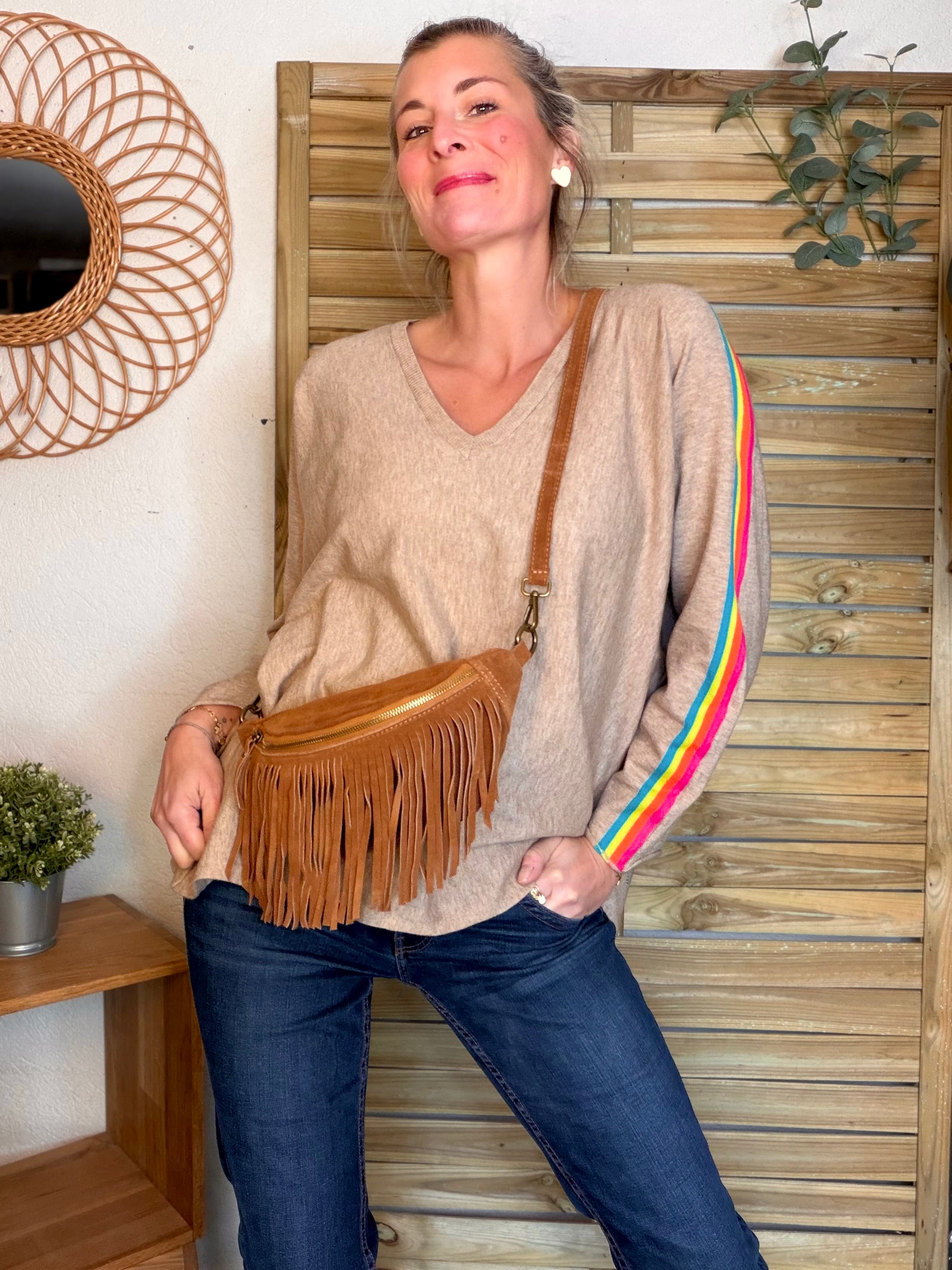 Sac banane avec franges en cuir daim - PIETRA - Camel