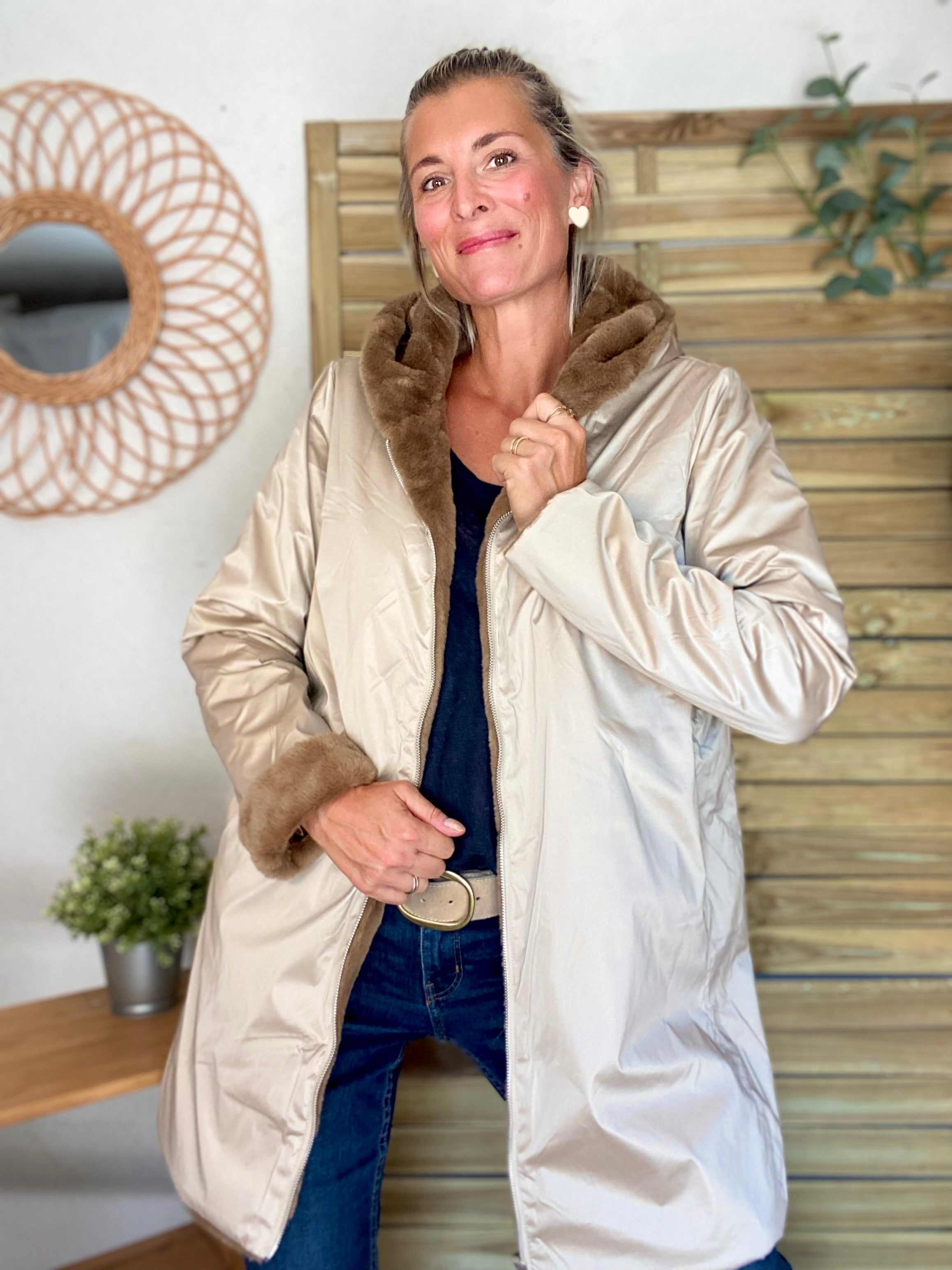 Parka Imperméable réversible fourrée Sable irisé / Camel ALIX - LAURA JO