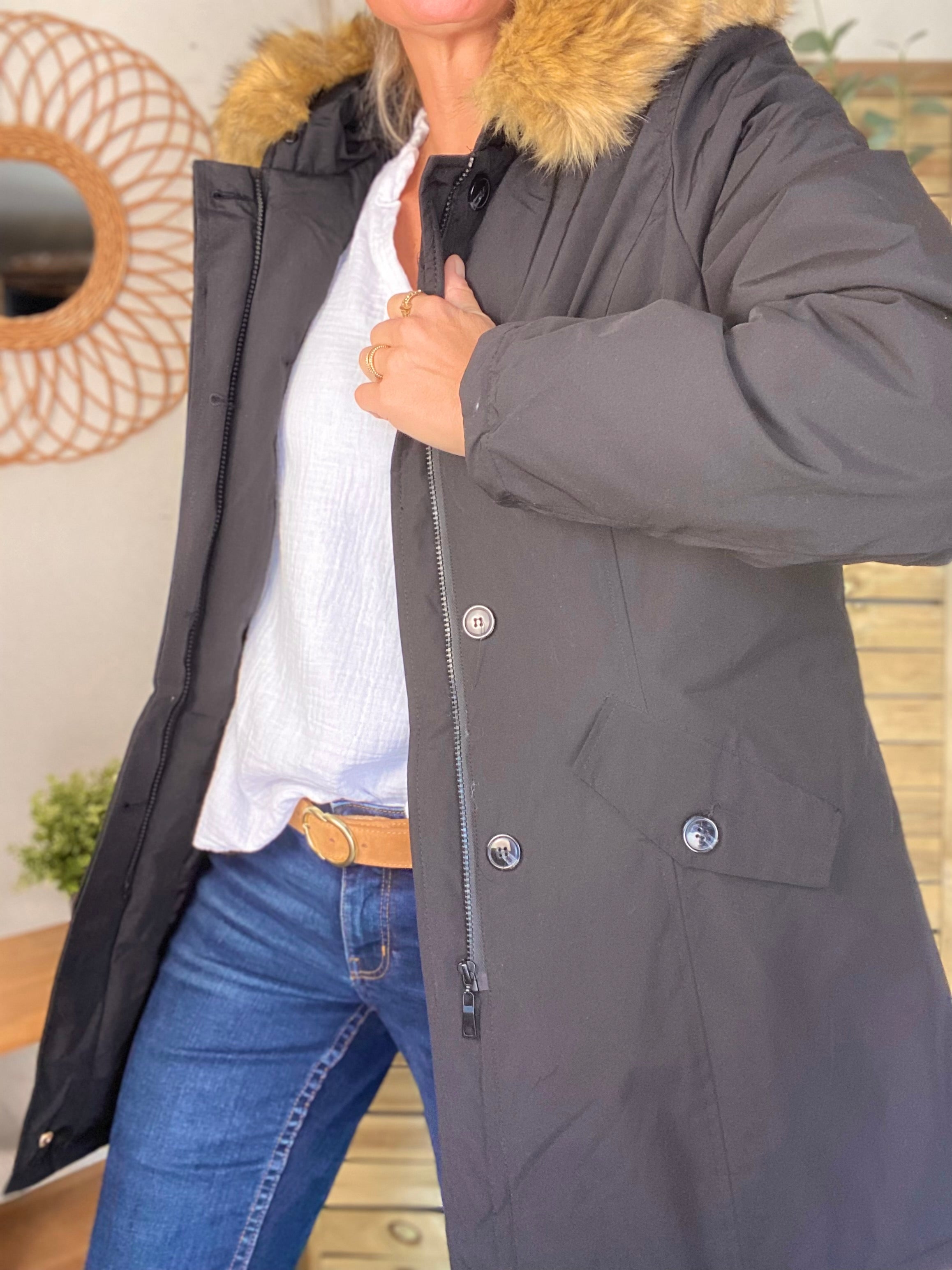 ⚡️ PÉPITES FRIDAY - Parka rembourrée déperlante noir, capuche col fourrure amovible - CHEYENNE