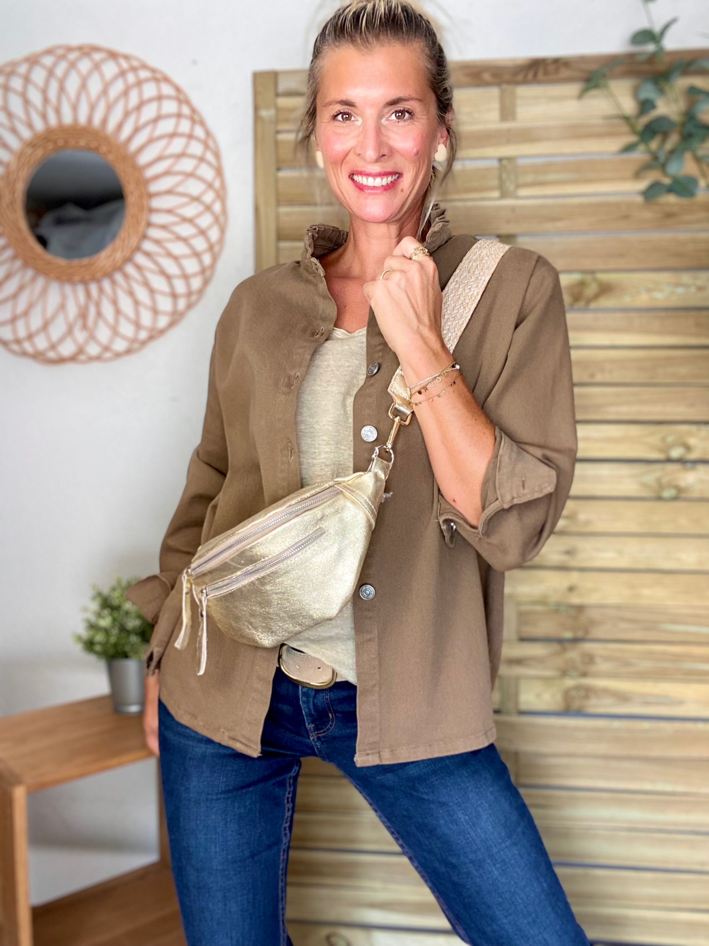 Veste / Chemise en coton, col volanté Camel foncé LISON