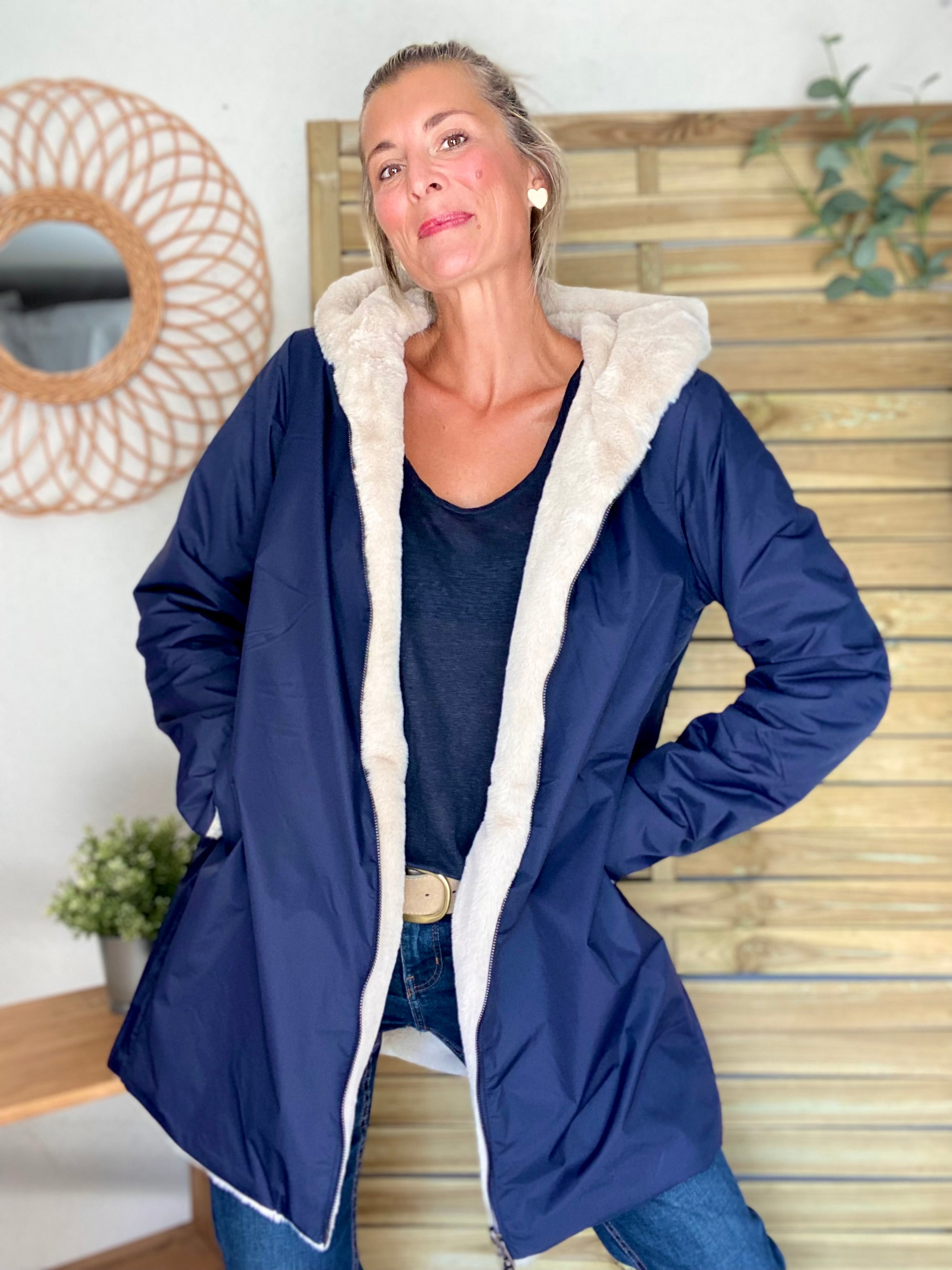 Parka Imperméable réversible fourrée Bleu marine / Beige ALIX - LAURA JO