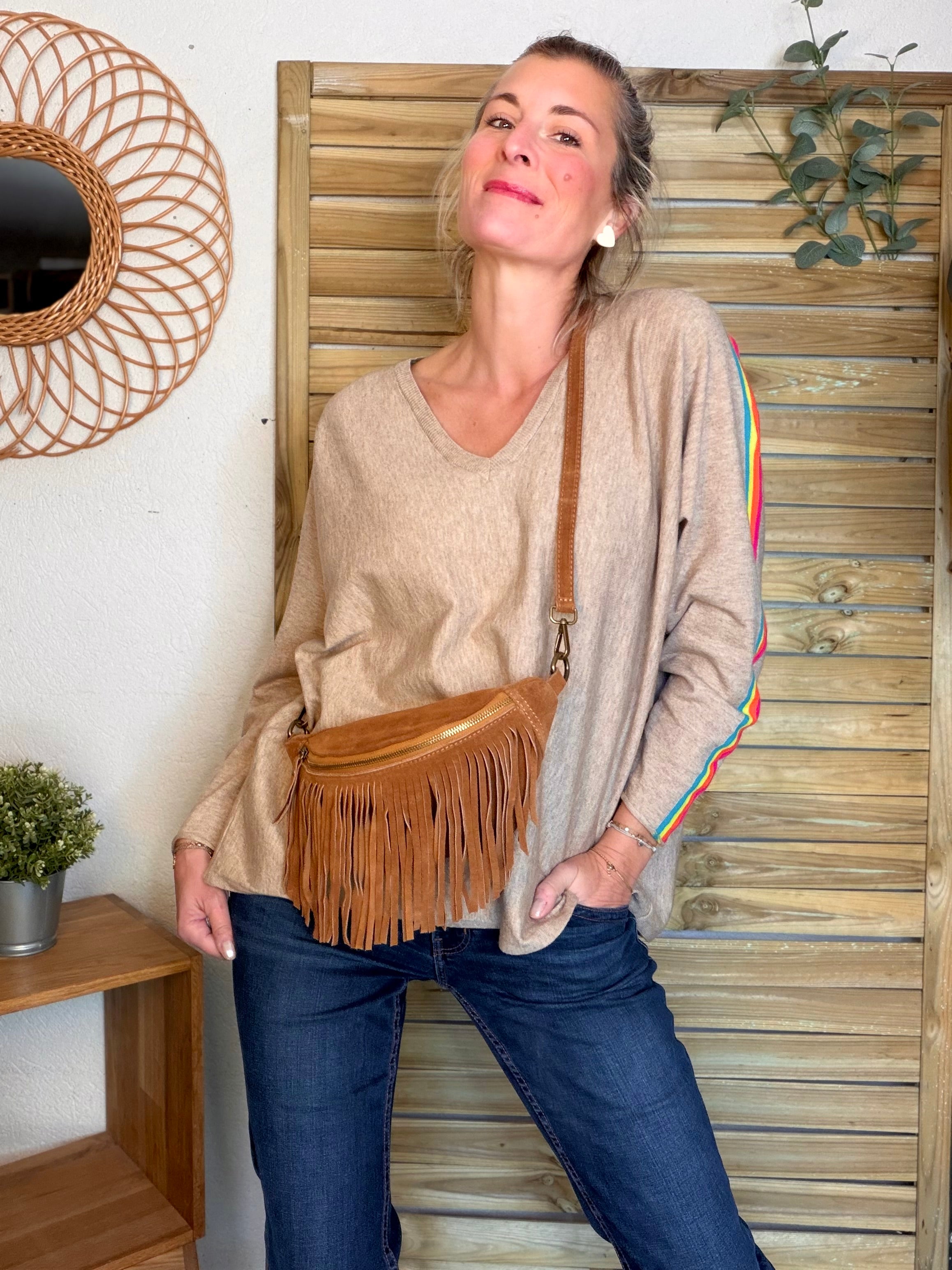 Sac banane avec franges en cuir daim - PIETRA - Camel