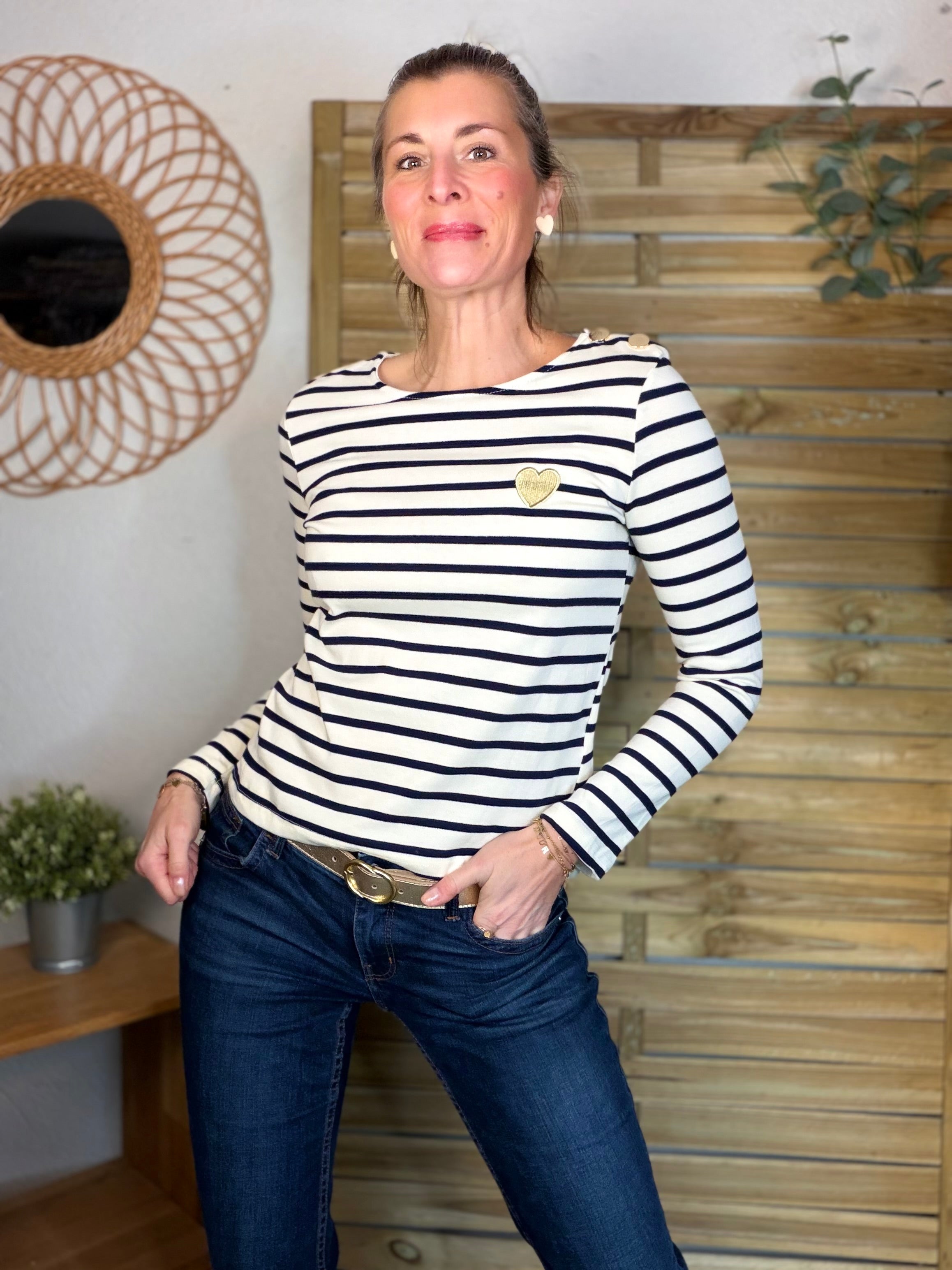 Tee shirt marinière cœur brodé doré 💛 OCÉANE bleu marine