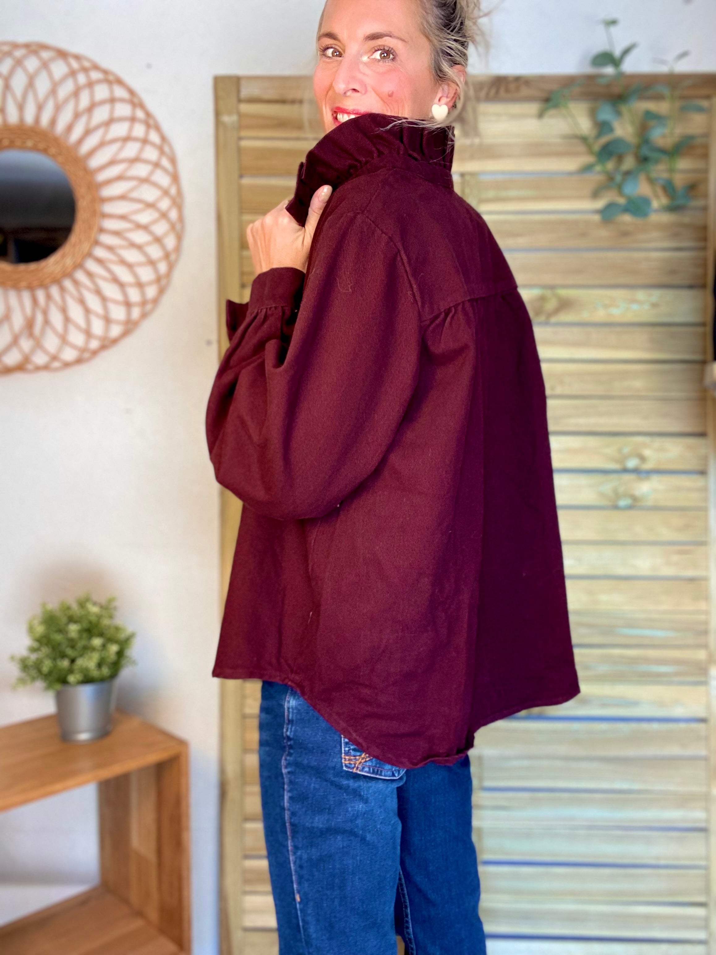Veste / Chemise en coton, col victorien volanté LISA - Prune