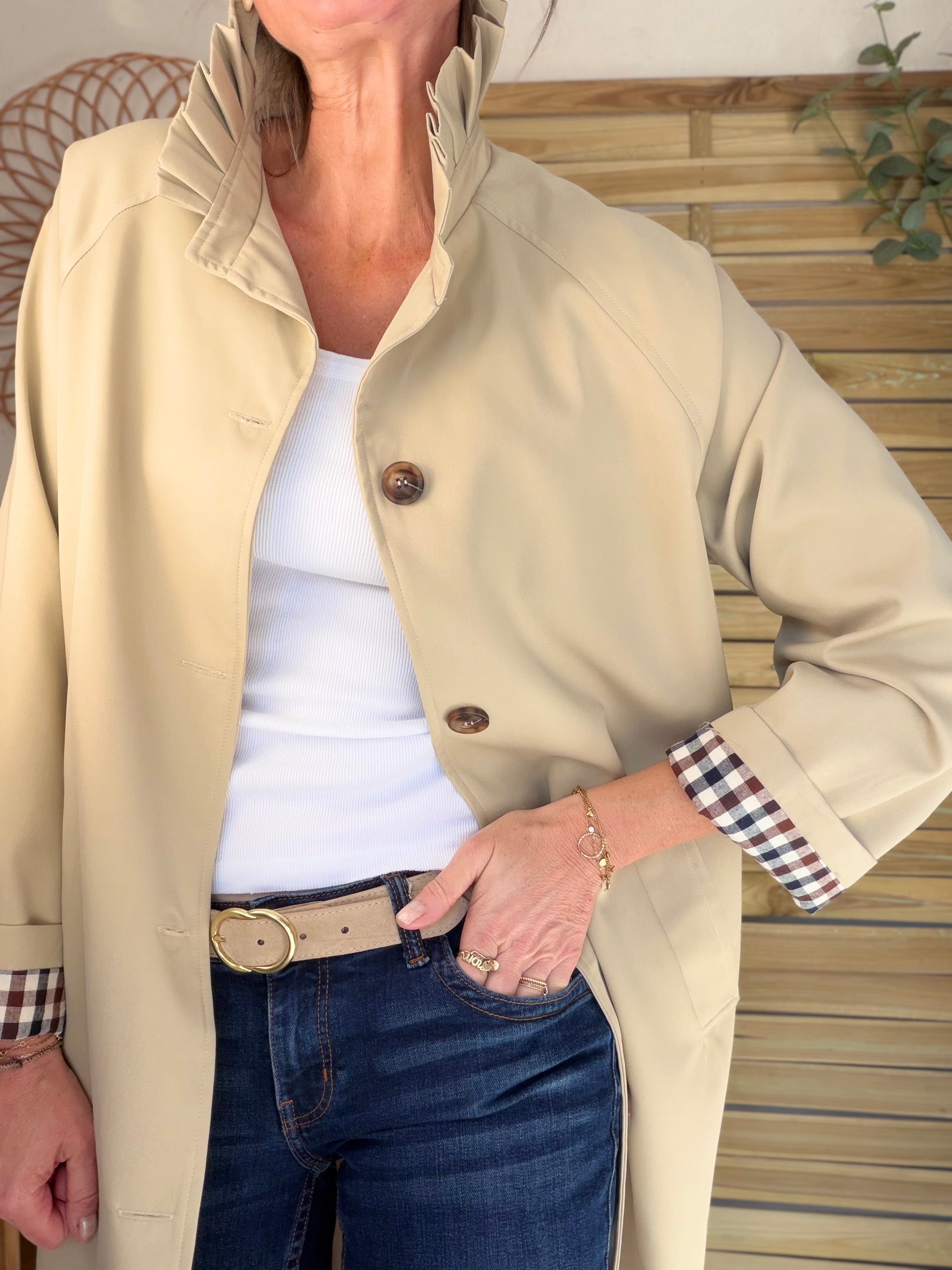 Veste Trench col victorien avec vichy - VICKY LONG Beige
