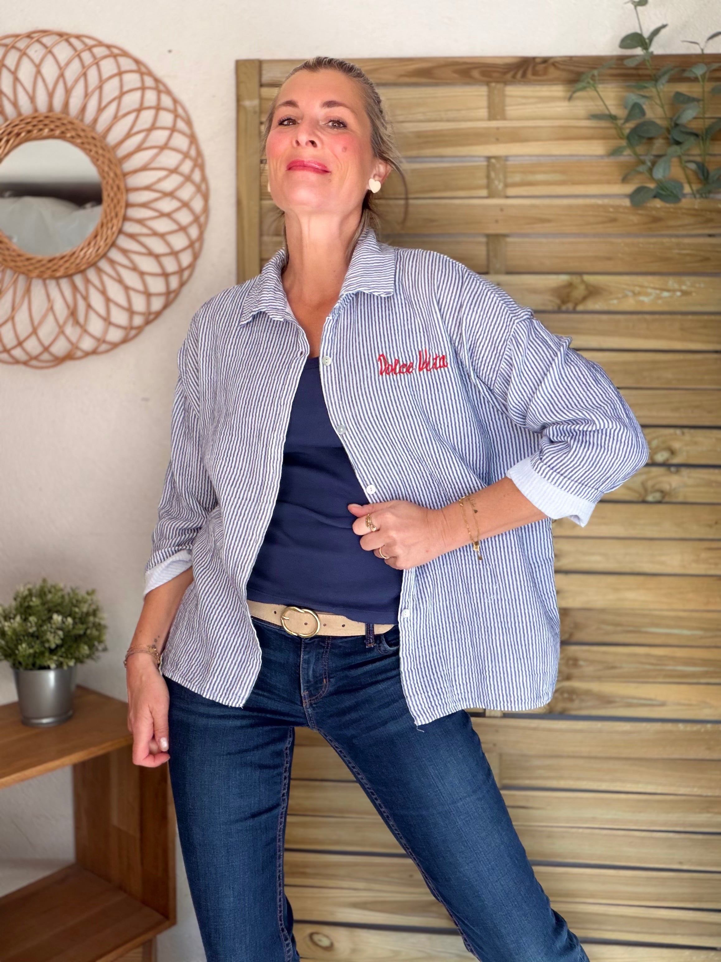 Chemise en gaze de coton brodé Dolce Vita LEÏLA - Bleue