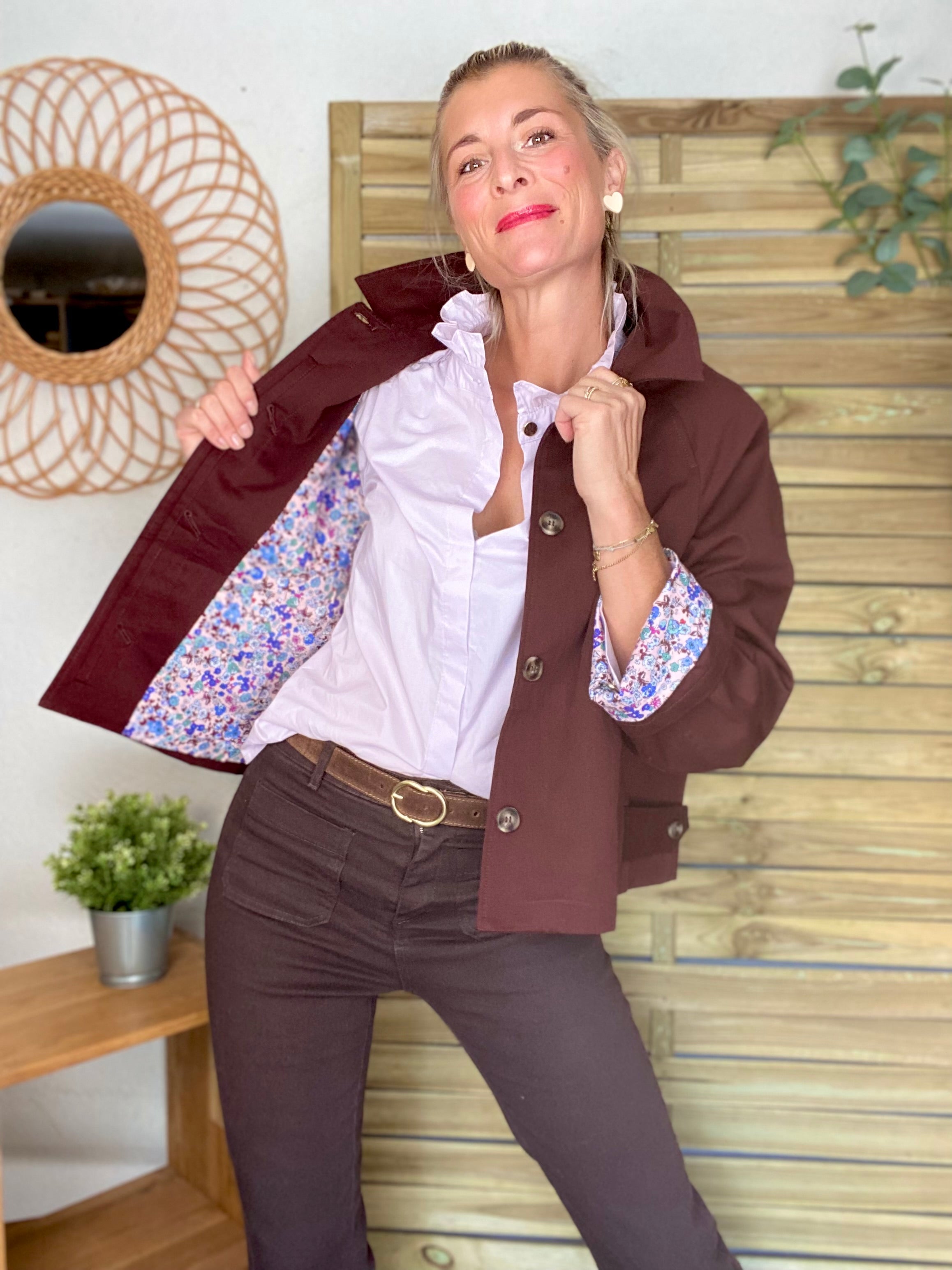 Veste Trench en coton bordeaux foncé avec Liberty - MAHAUT
