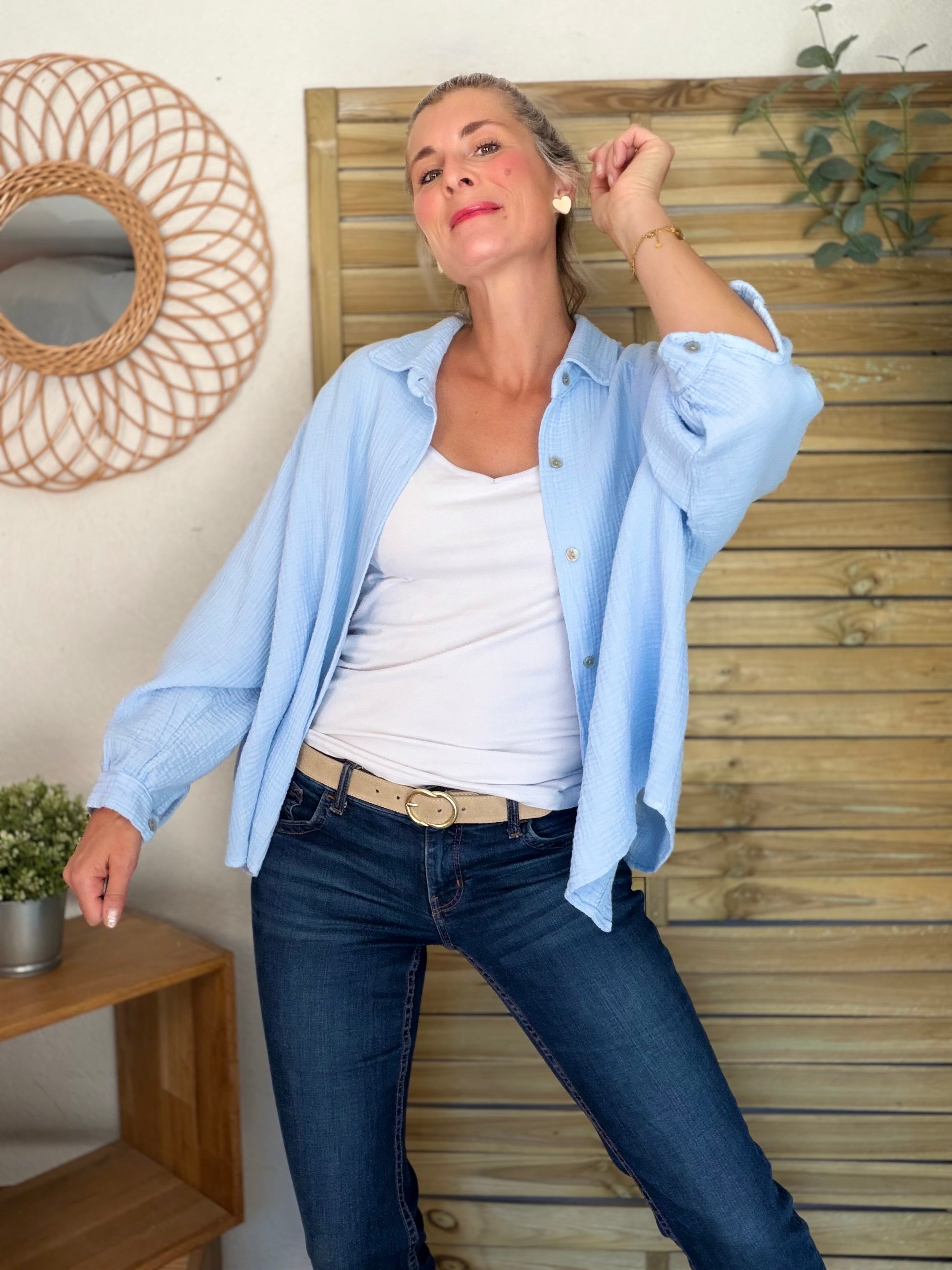 Chemise en gaze de coton unie FÉLICIA Bleu ciel