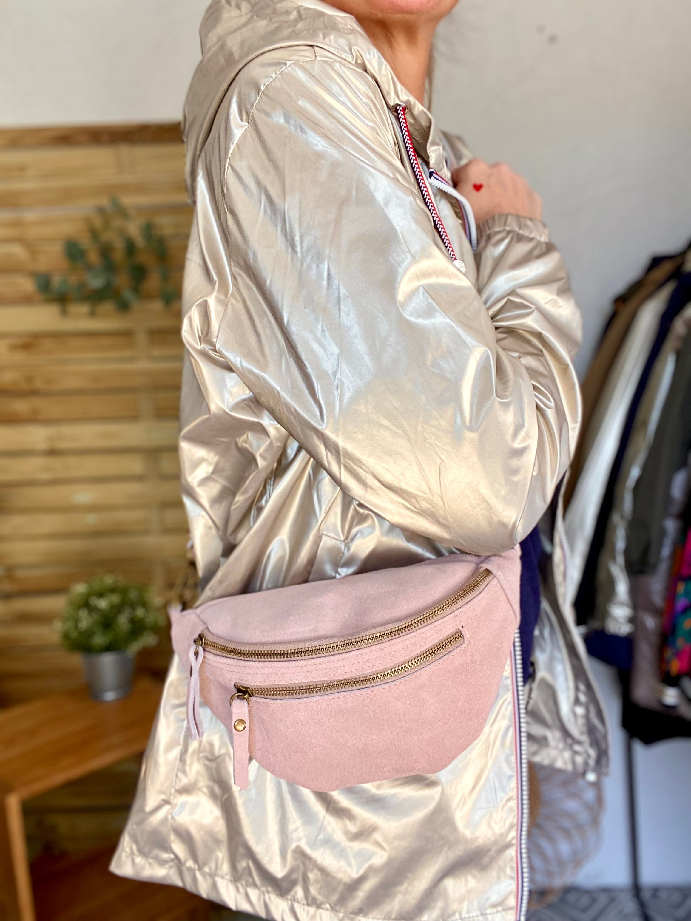 Sac banane double poche en cuir daim - OPALINE - Rose clair / Vieux rose (14 coloris)