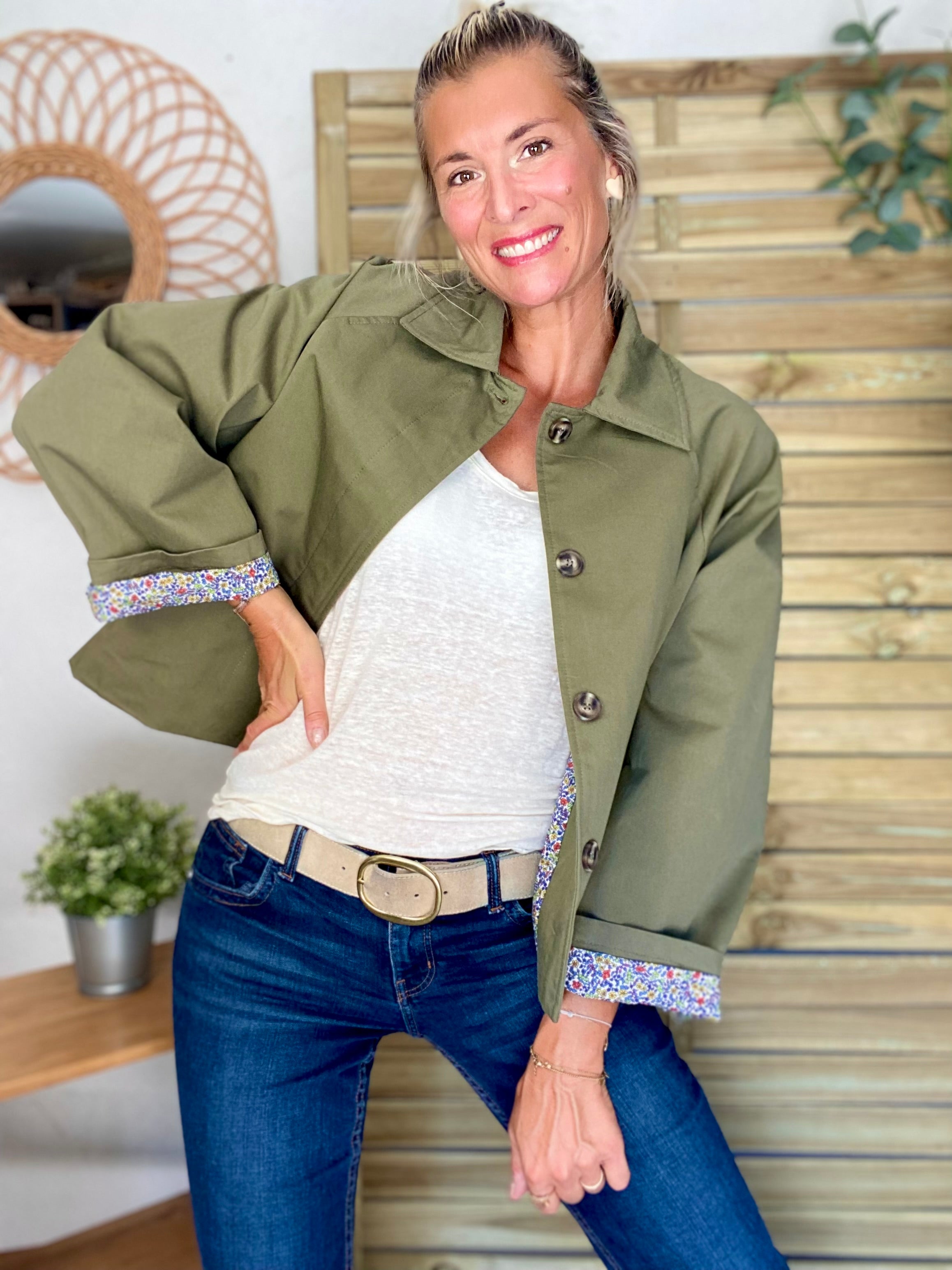 Veste Trench en coton kaki avec Liberty - MAHAUT
