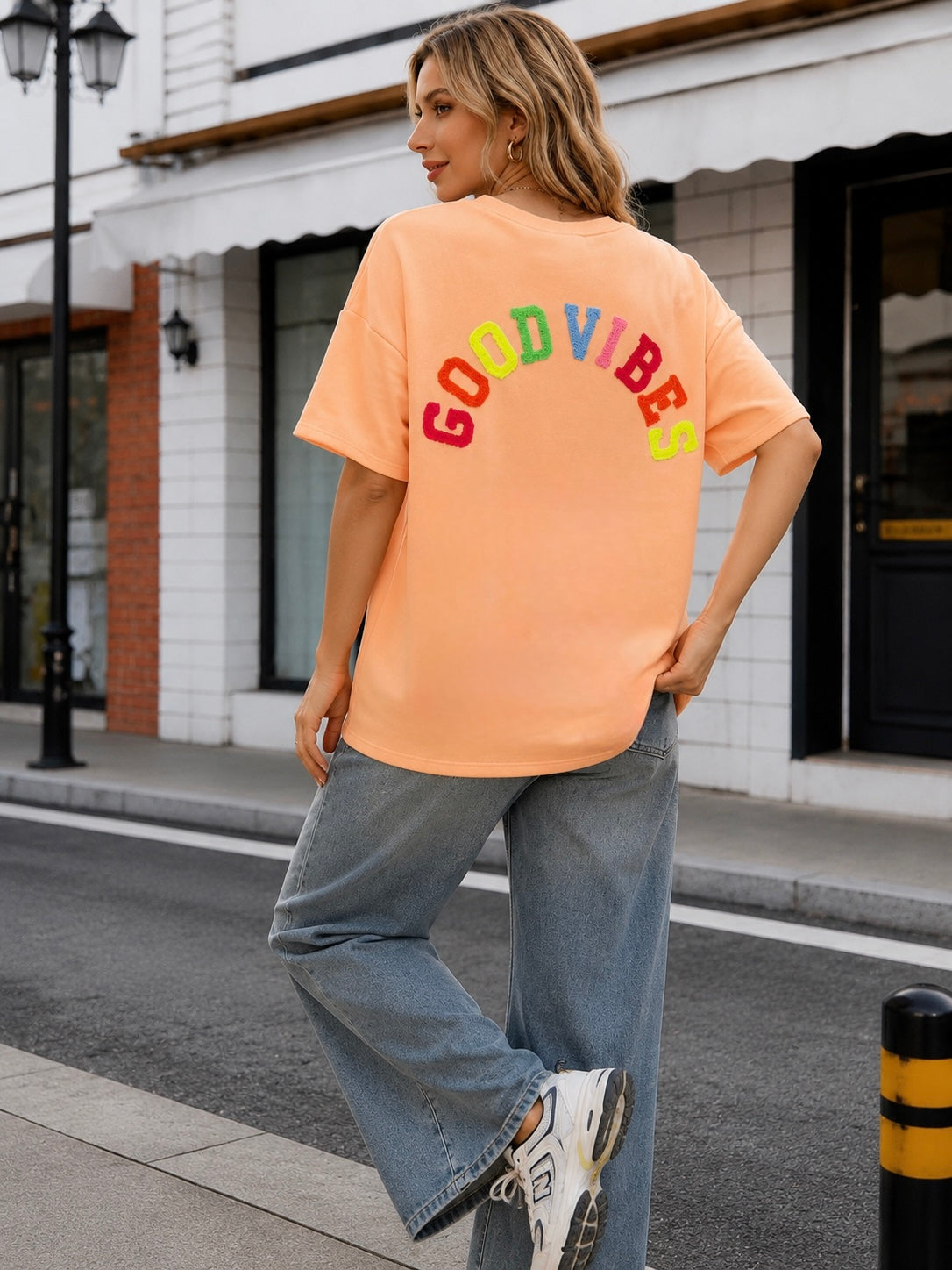 Tee shirt GOOD VIBES matière sweat - ALESSIA Pêche