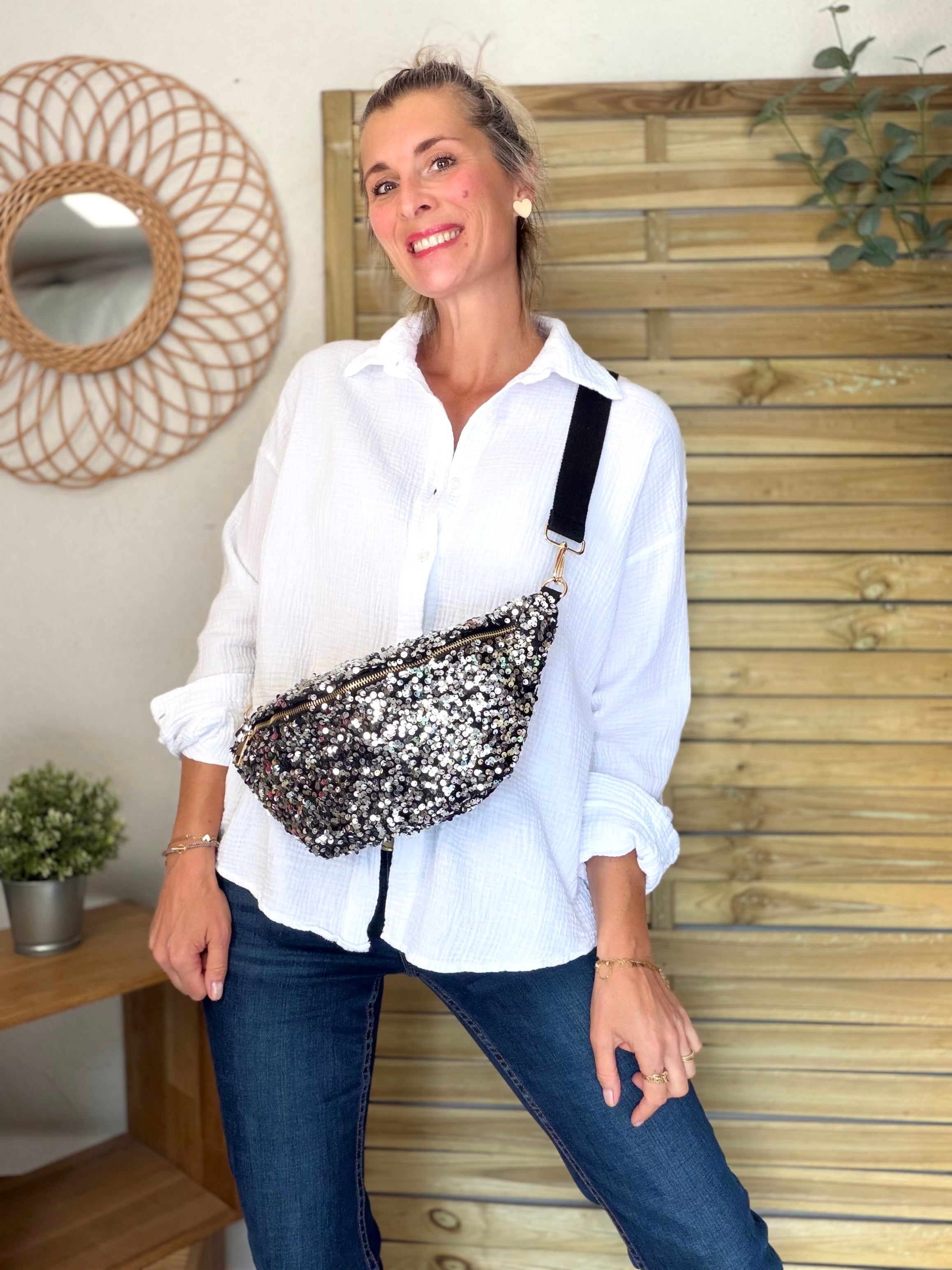 Sac banane L velours à sequins Ciao Boum- TAYLOR - Noir / Argent