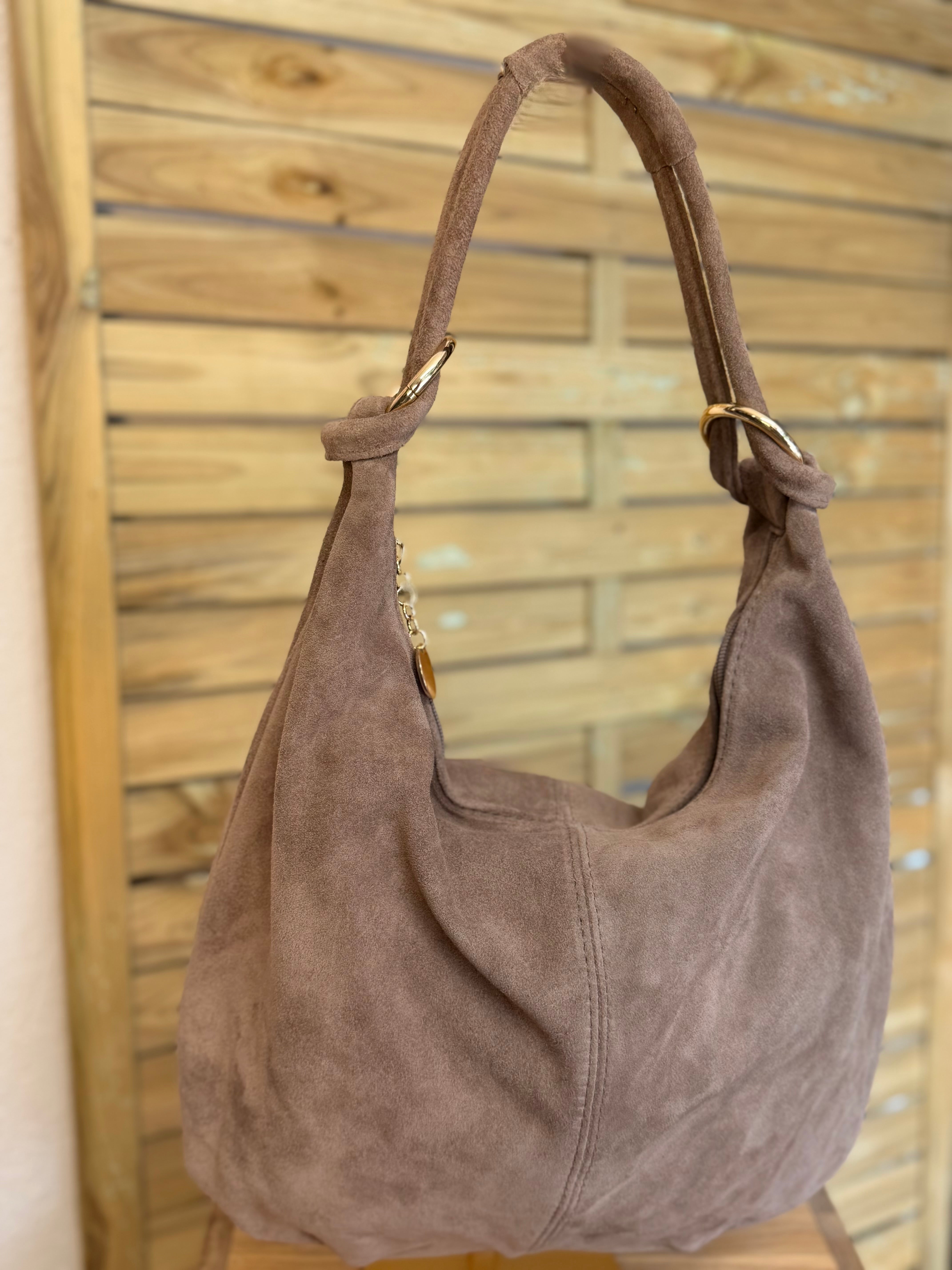 Sac besace hobo en cuir daim souple avec anneaux WILLIAM - Taupe