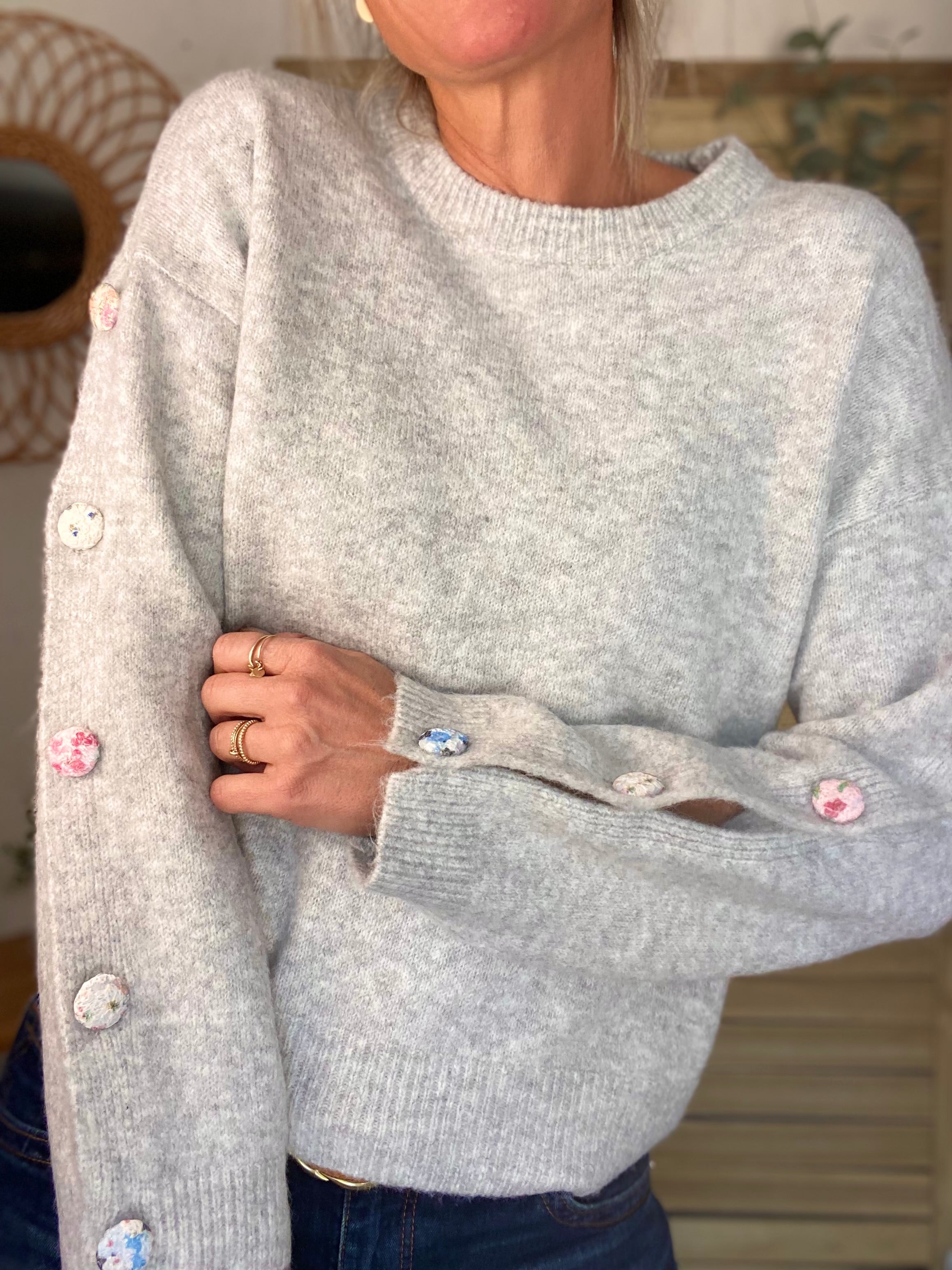 ⚡️ PÉPITES FRIDAY - Pull boutons tissu fleuri - Gris chiné - HAZEL