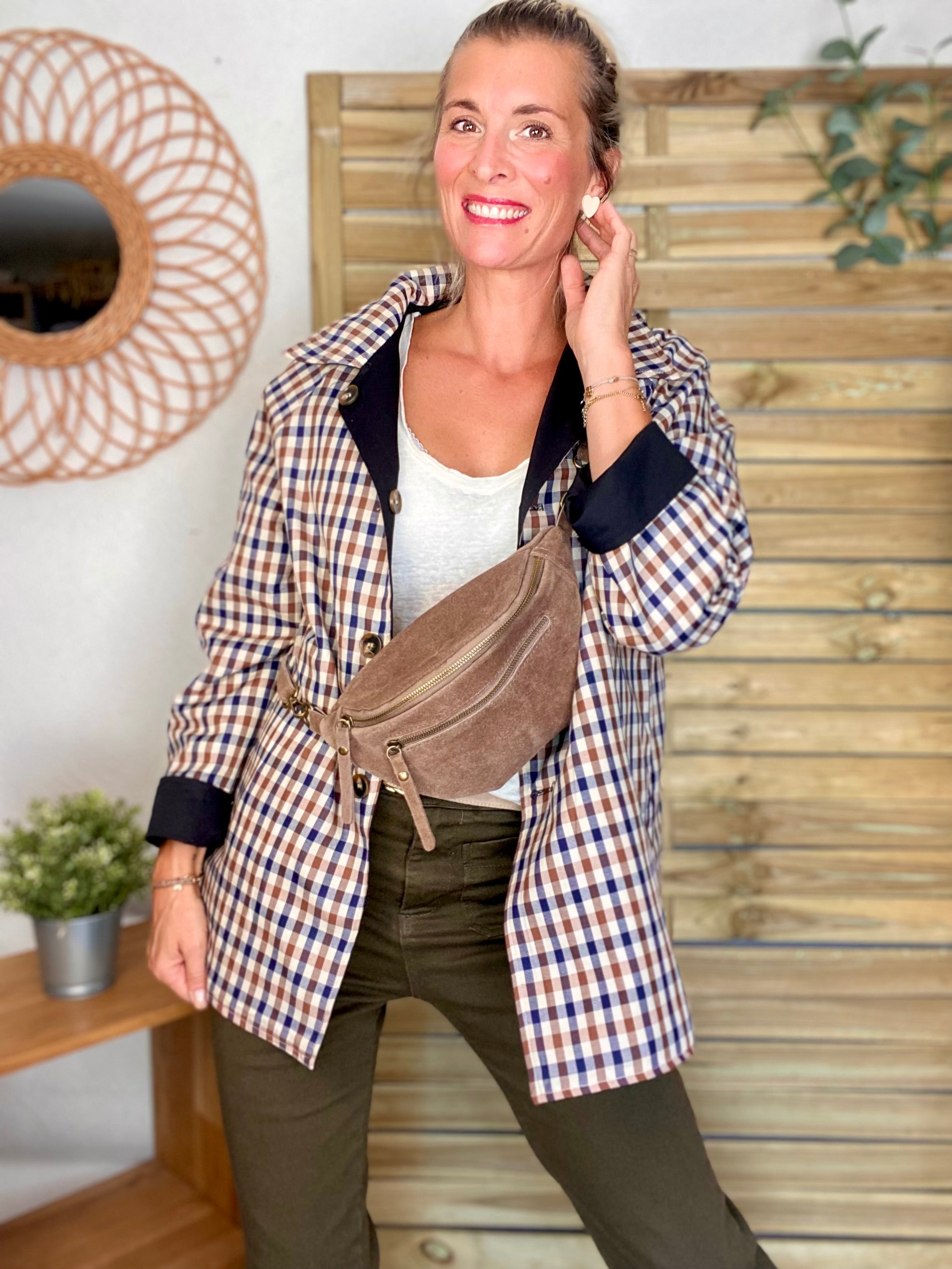 Veste Trench mi long réversible vichy LENA - Noir