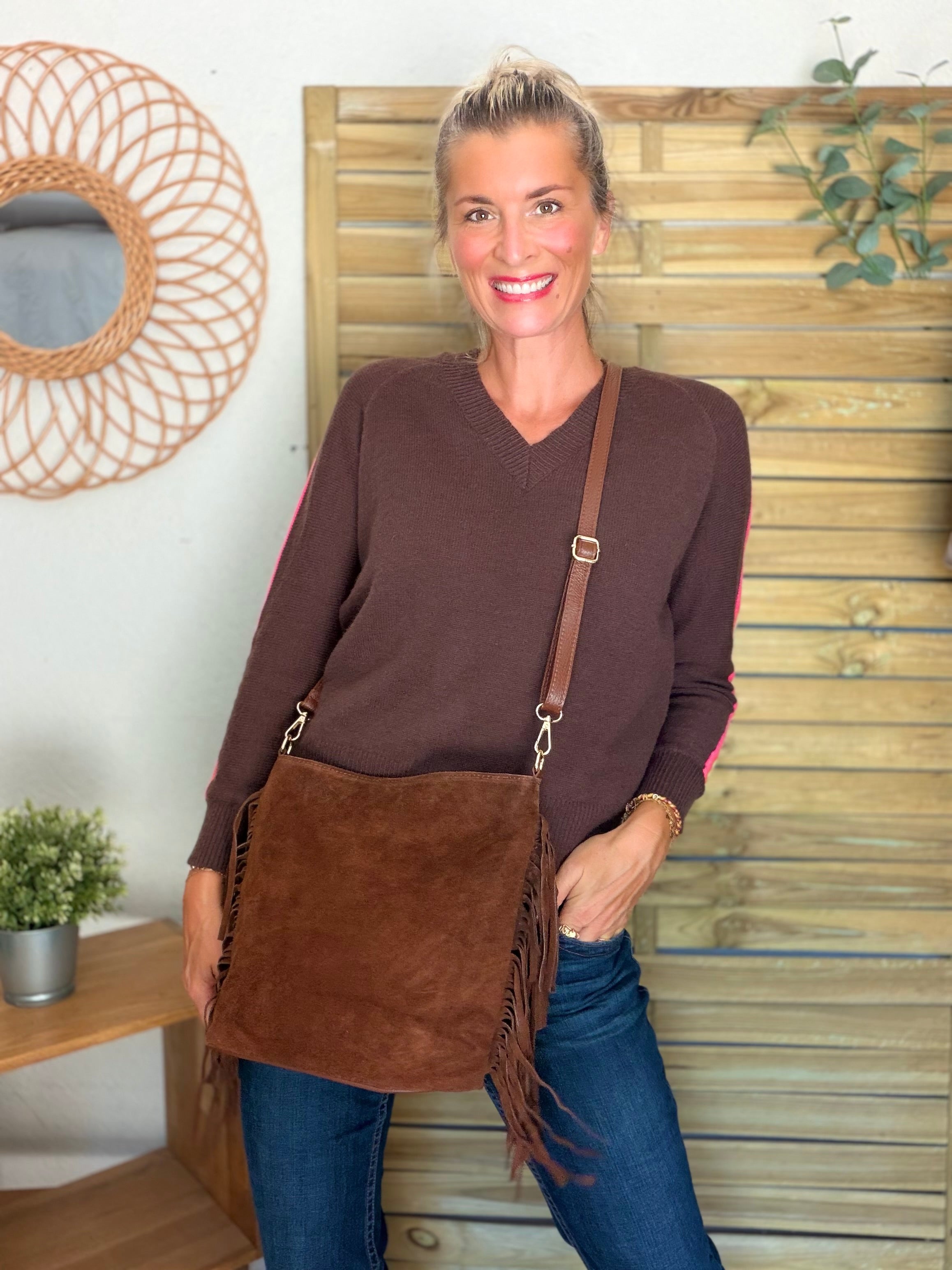 Sac seau en cuir daim avec franges KYLIE - Camel foncé (Café)