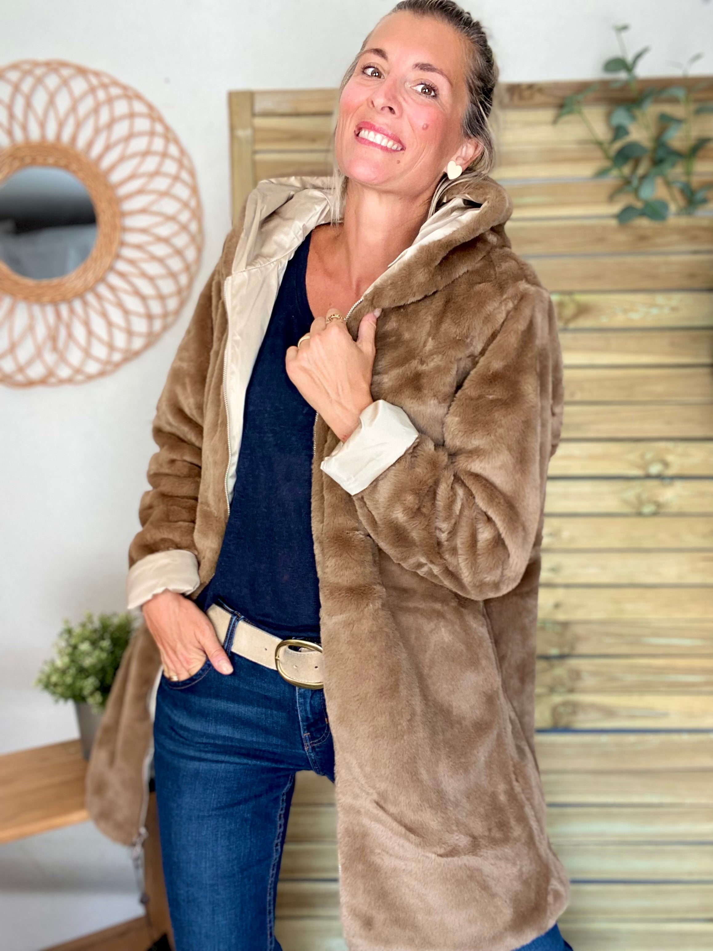Parka Imperméable réversible fourrée Sable irisé / Camel ALIX - LAURA JO