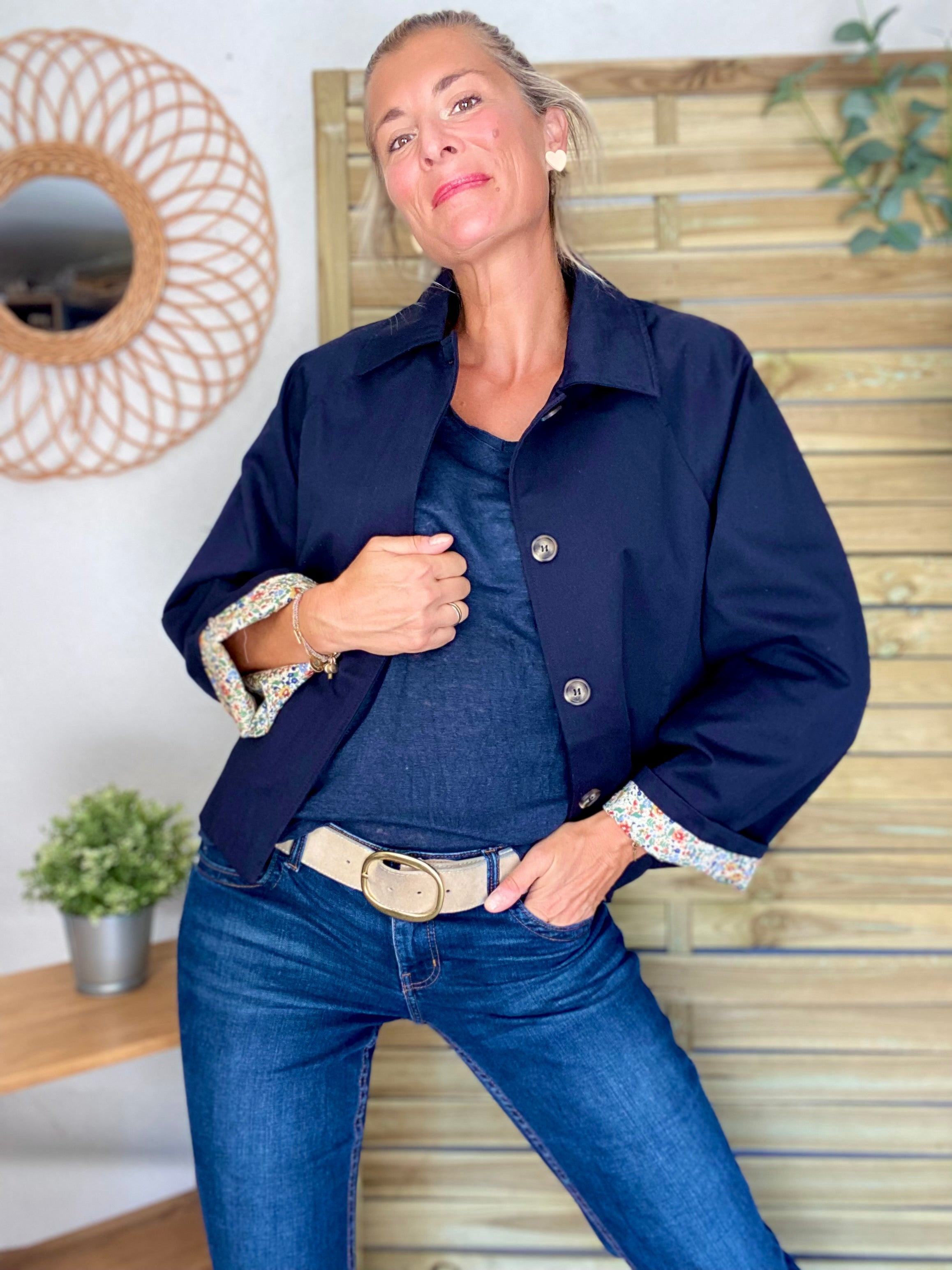 Veste Trench en coton bleu marine avec Liberty - MAHAUT