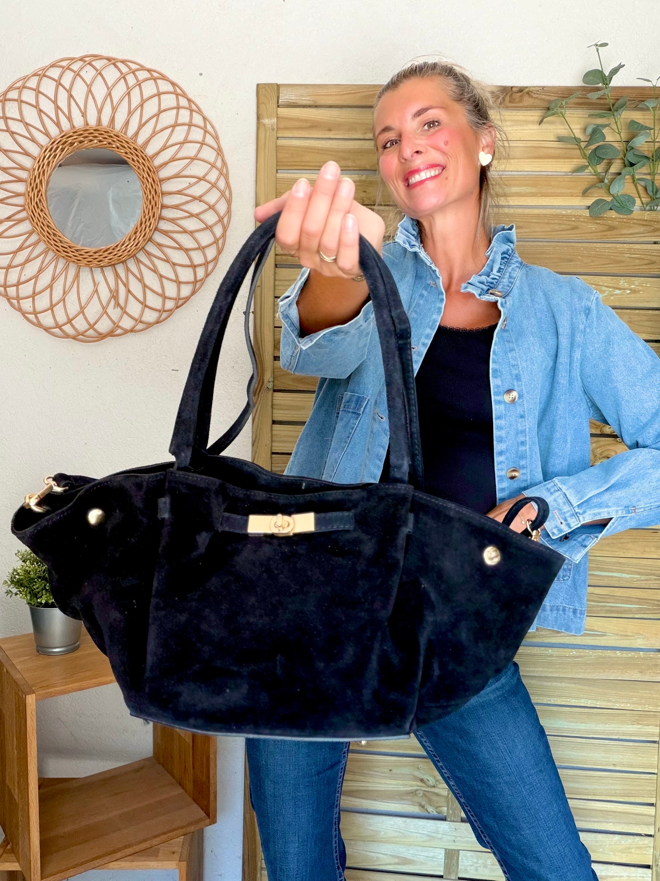 Sac cabas en cuir daim HANA - Noir