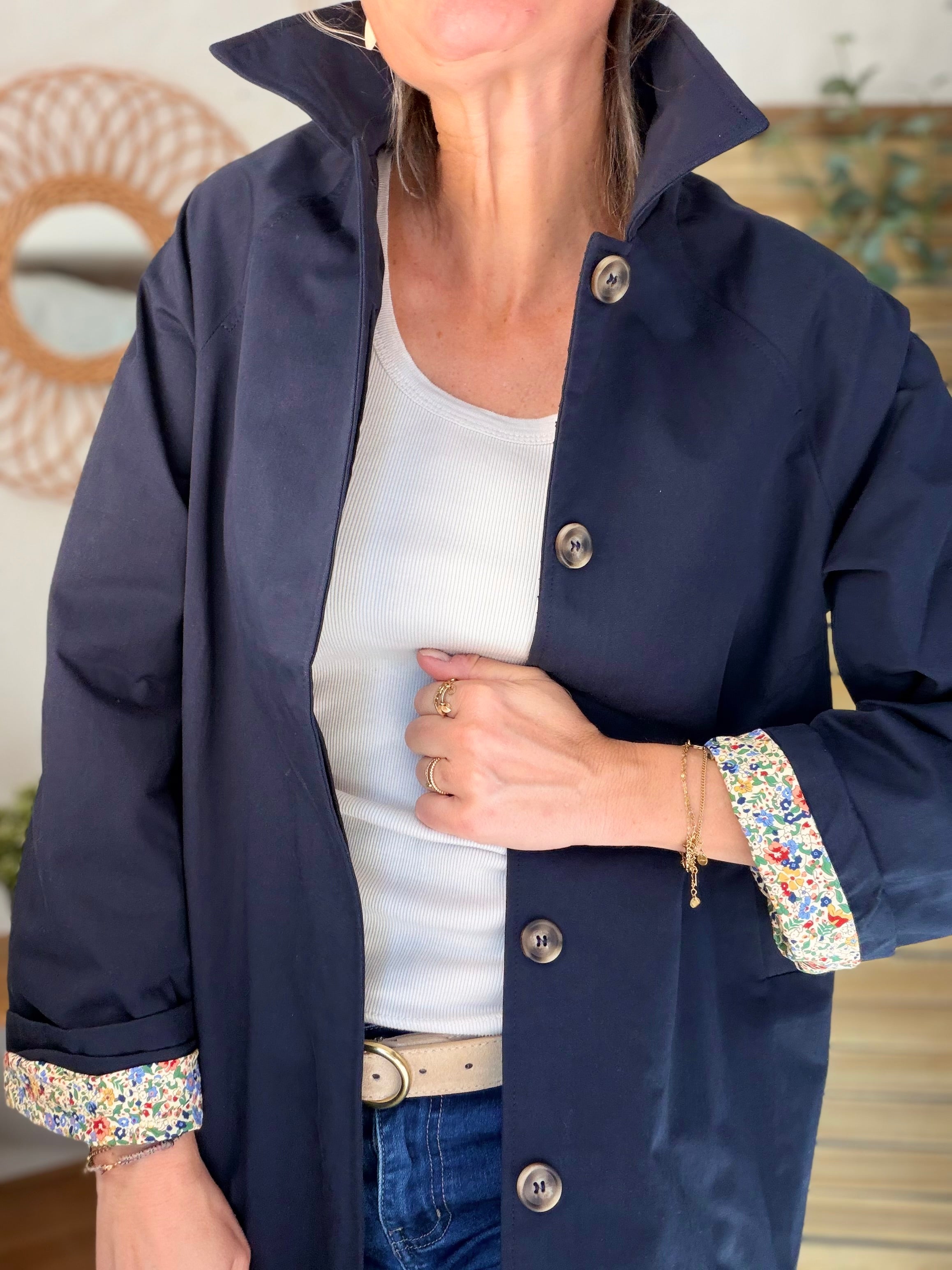 Veste Trench en coton Bleu marine avec Liberty - MAHAUT MI LONG - LILI et LALA (DÉSTOCKAGE sur Taille S)