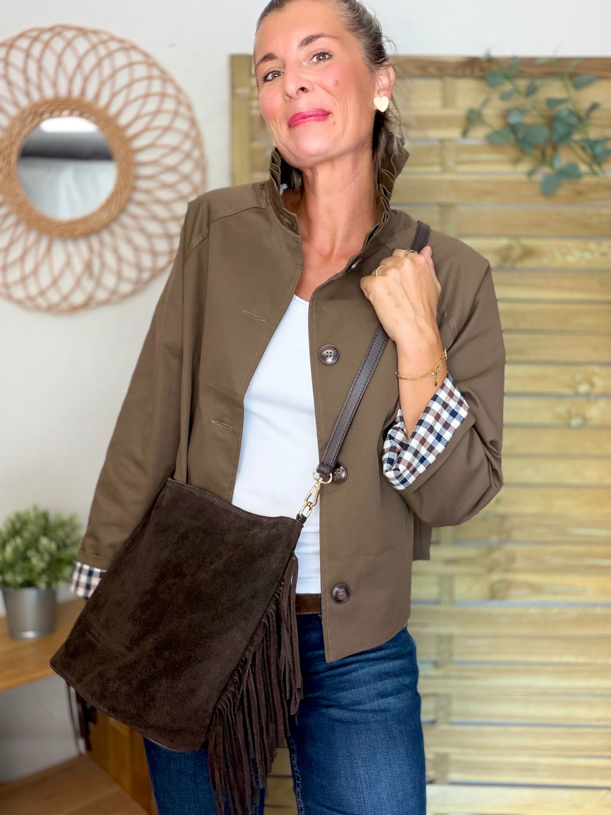 Veste Trench col victorien, revers carreaux - VICKY Café