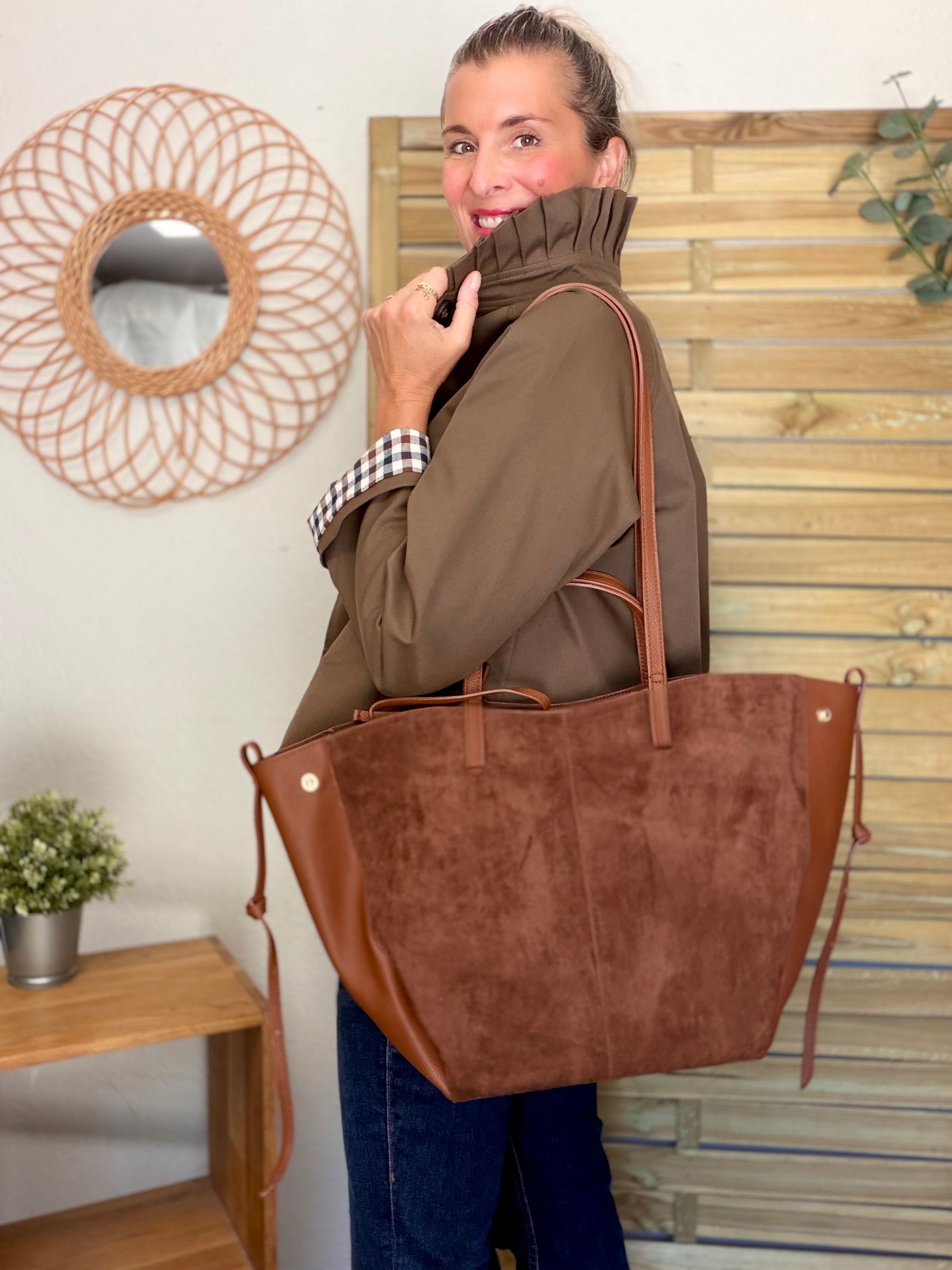 Grand Sac cabas 2 en 1 en simili daim - PAULE Camel