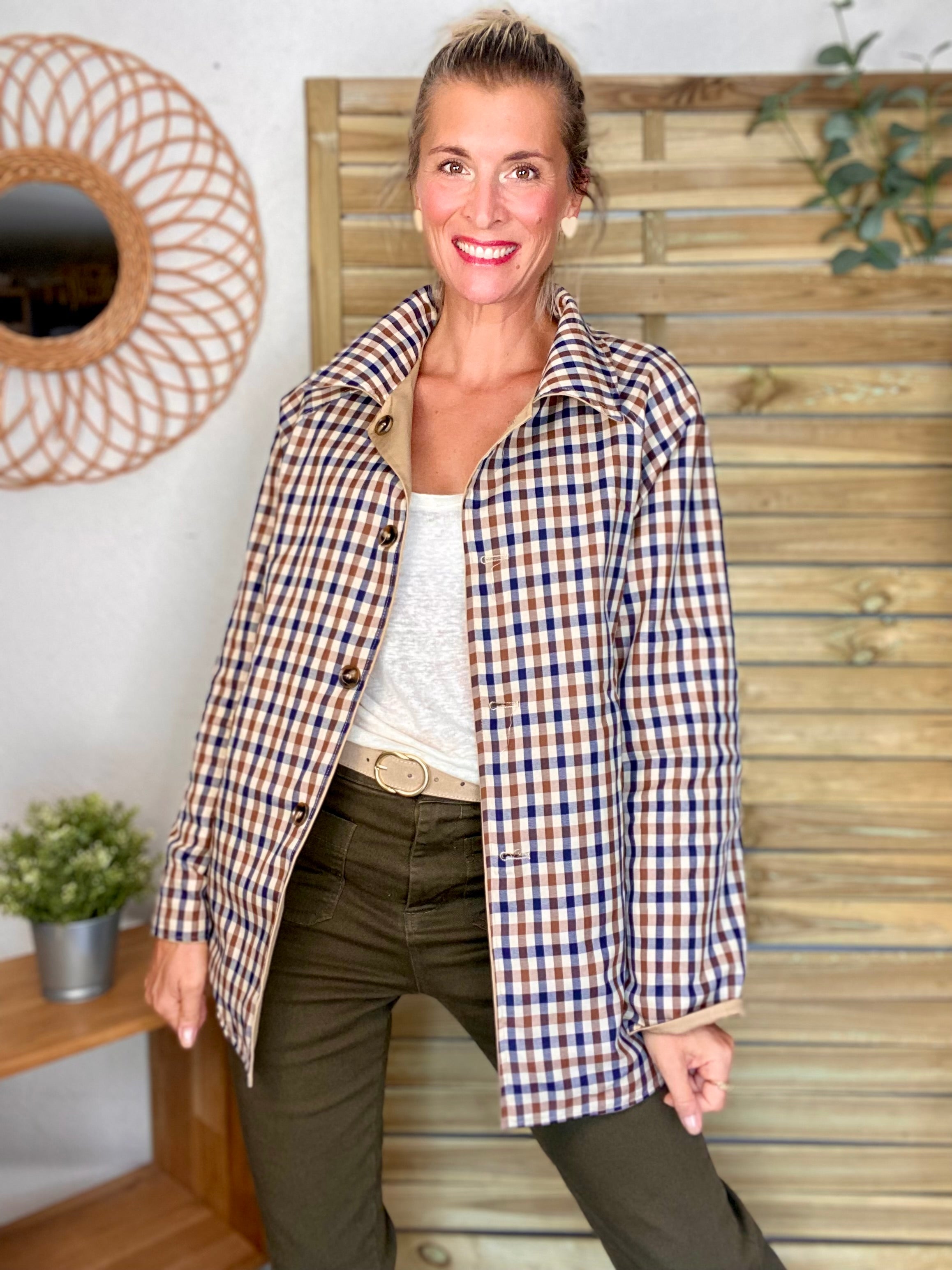 Veste Trench mi long réversible vichy LENA - Camel clair