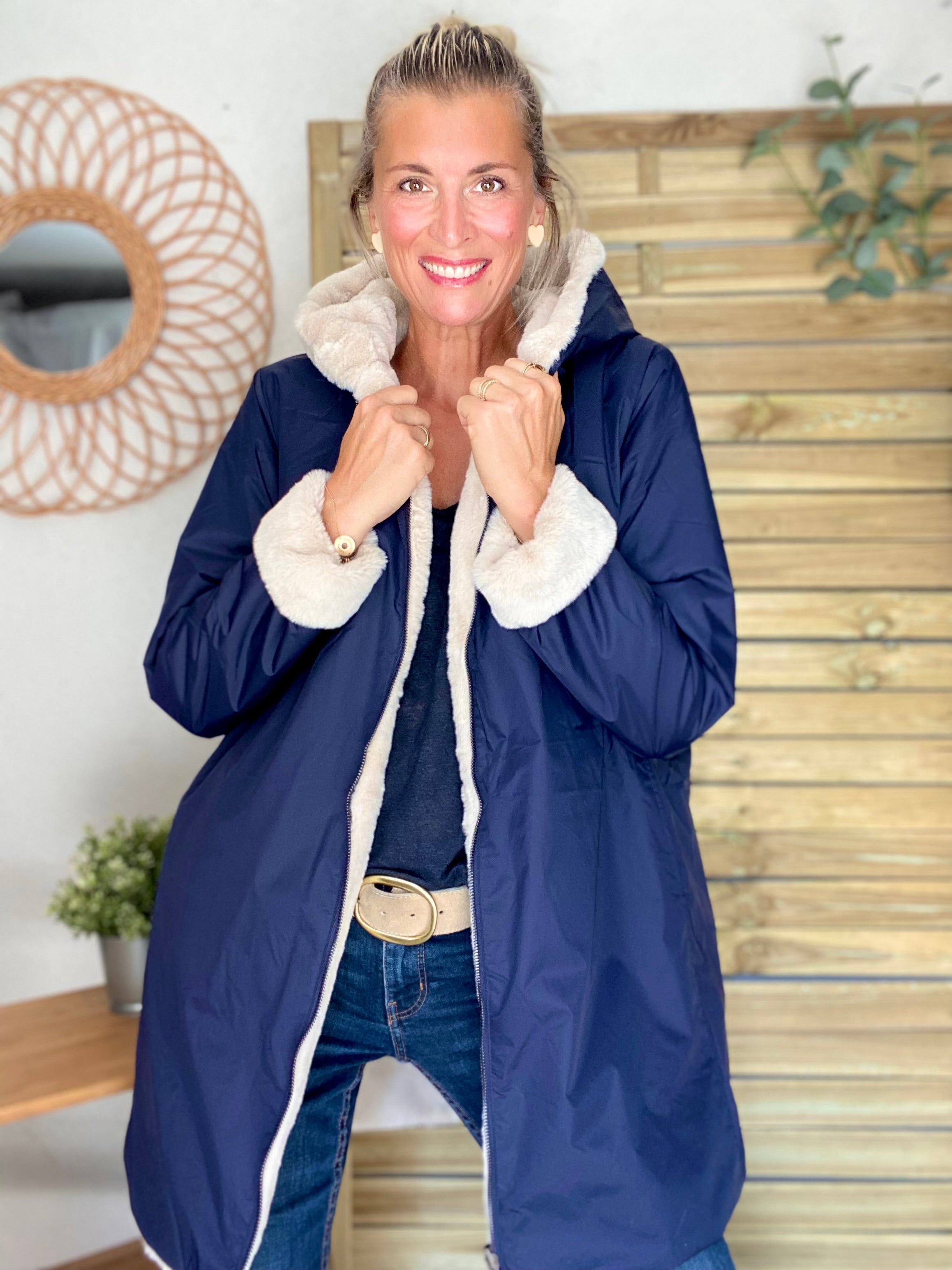 Parka Imperméable réversible fourrée Bleu marine / Beige ALIX - LAURA JO