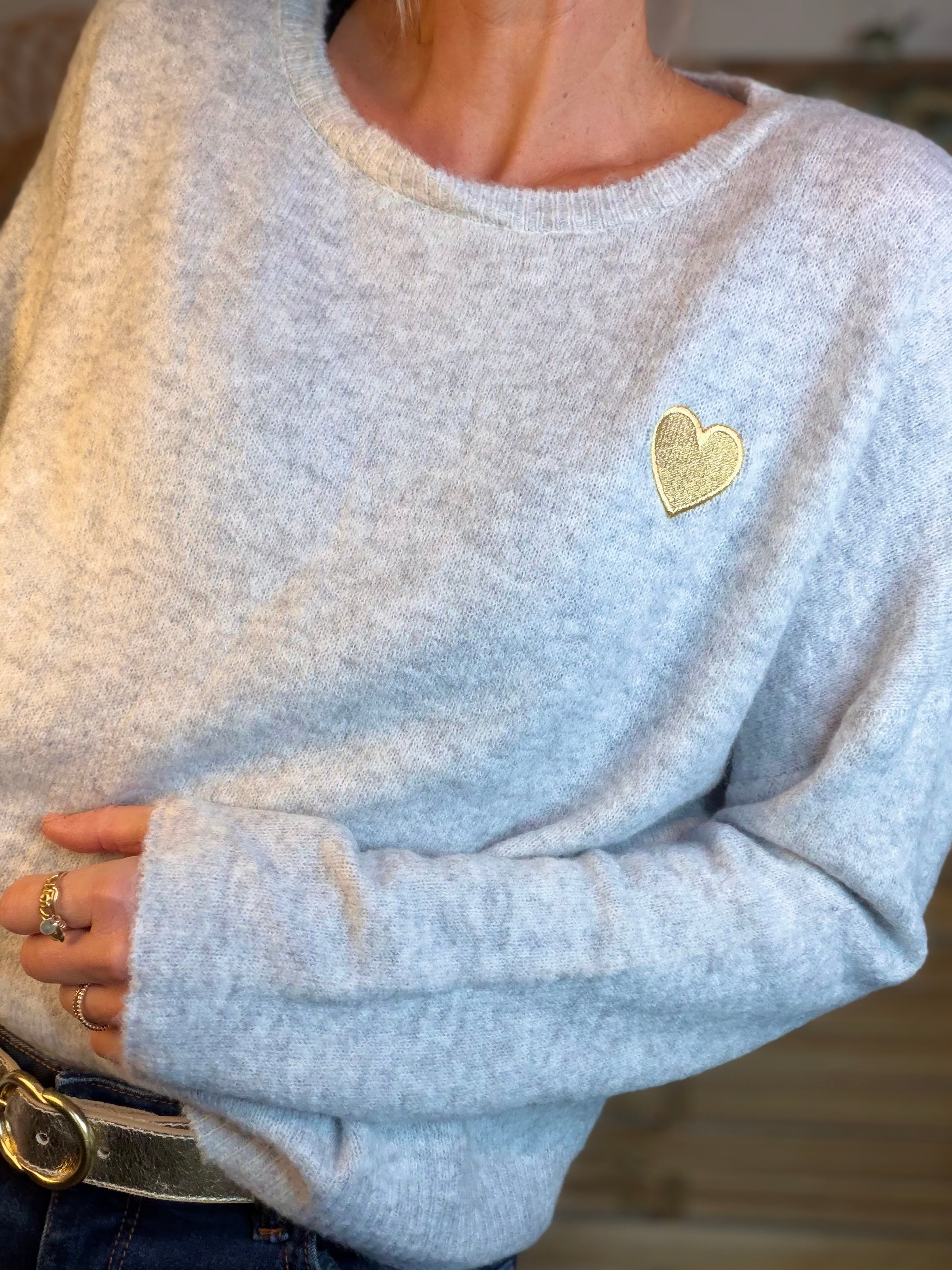 Pull léger en maille cœur doré brodé 💛 MELISSA - Gris chiné