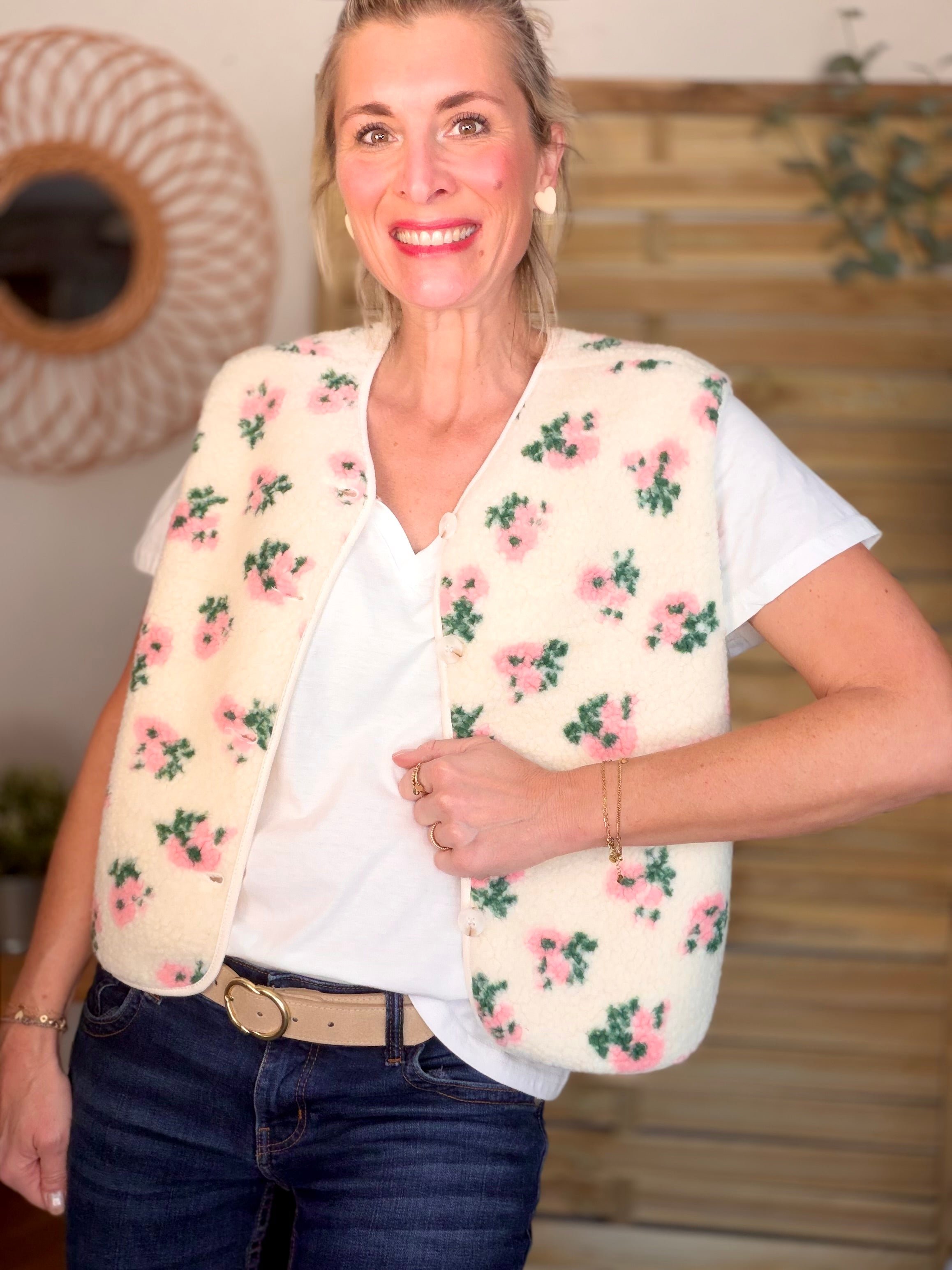 Gilet sans manche moumoute imprimé grosses fleurs AUDE