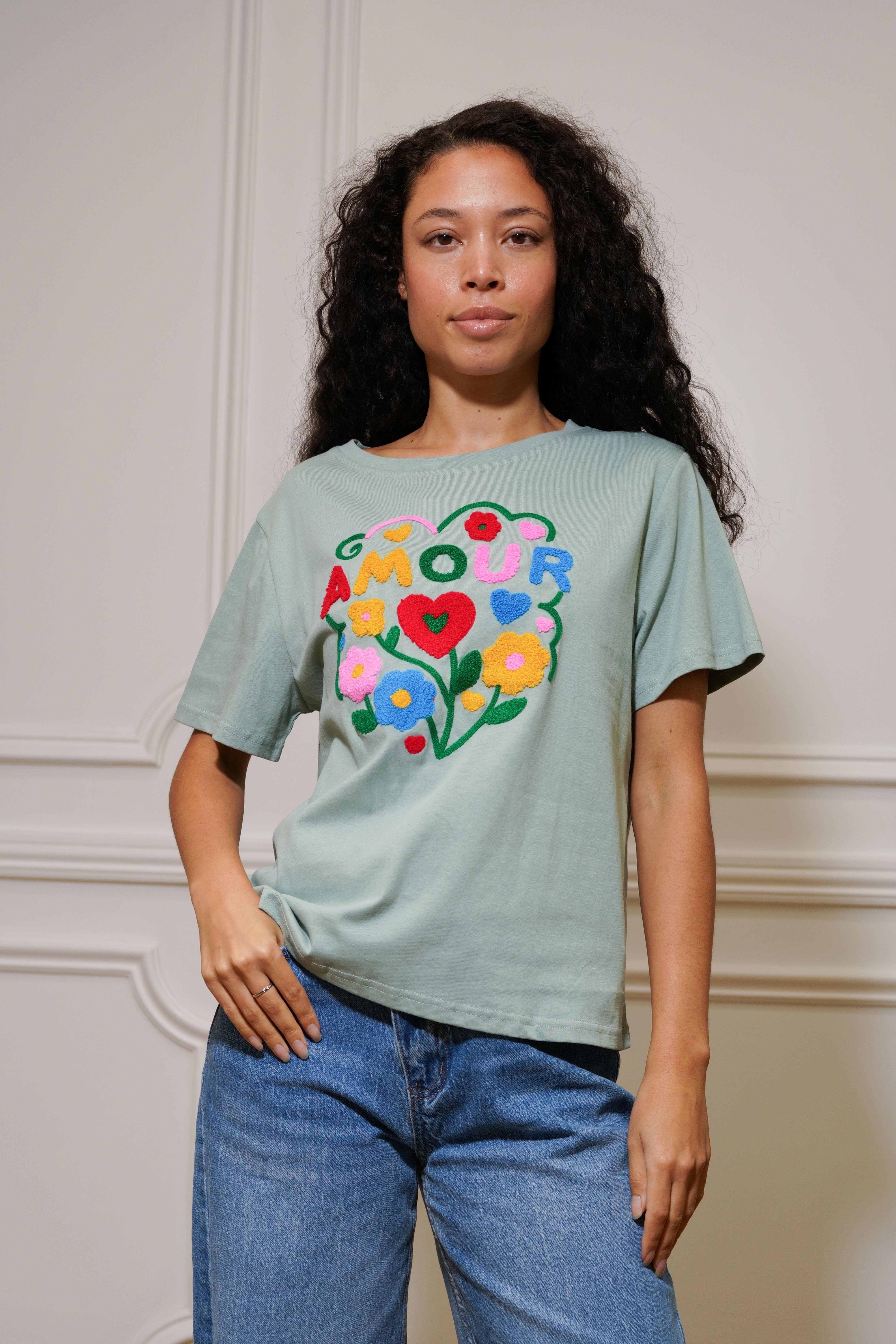 Tee shirt amour fleuri ARYA Vert sauge