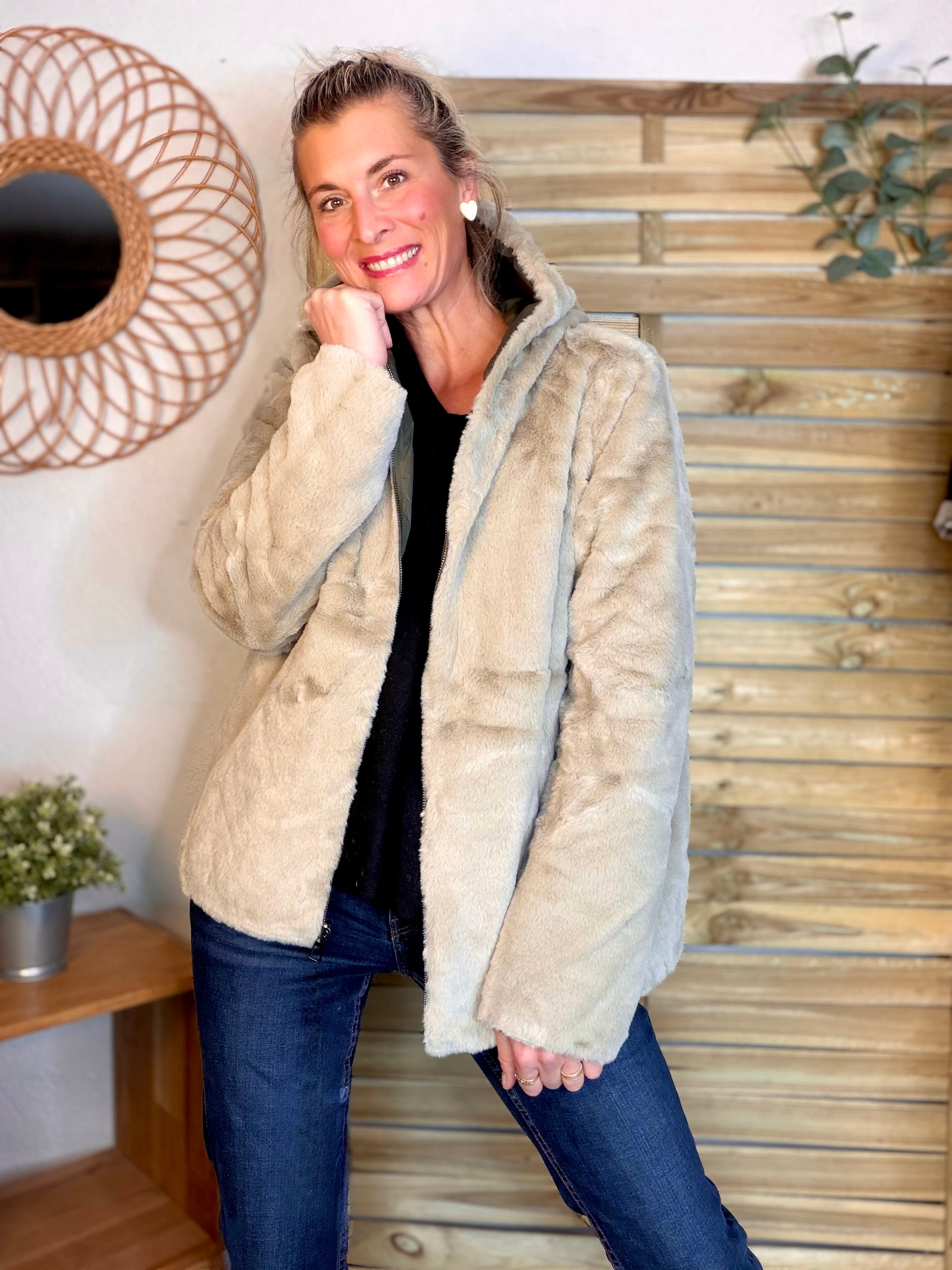 Parka Imperméable réversible fourrée Kaki / Beige ALIX Court - LAURA JO